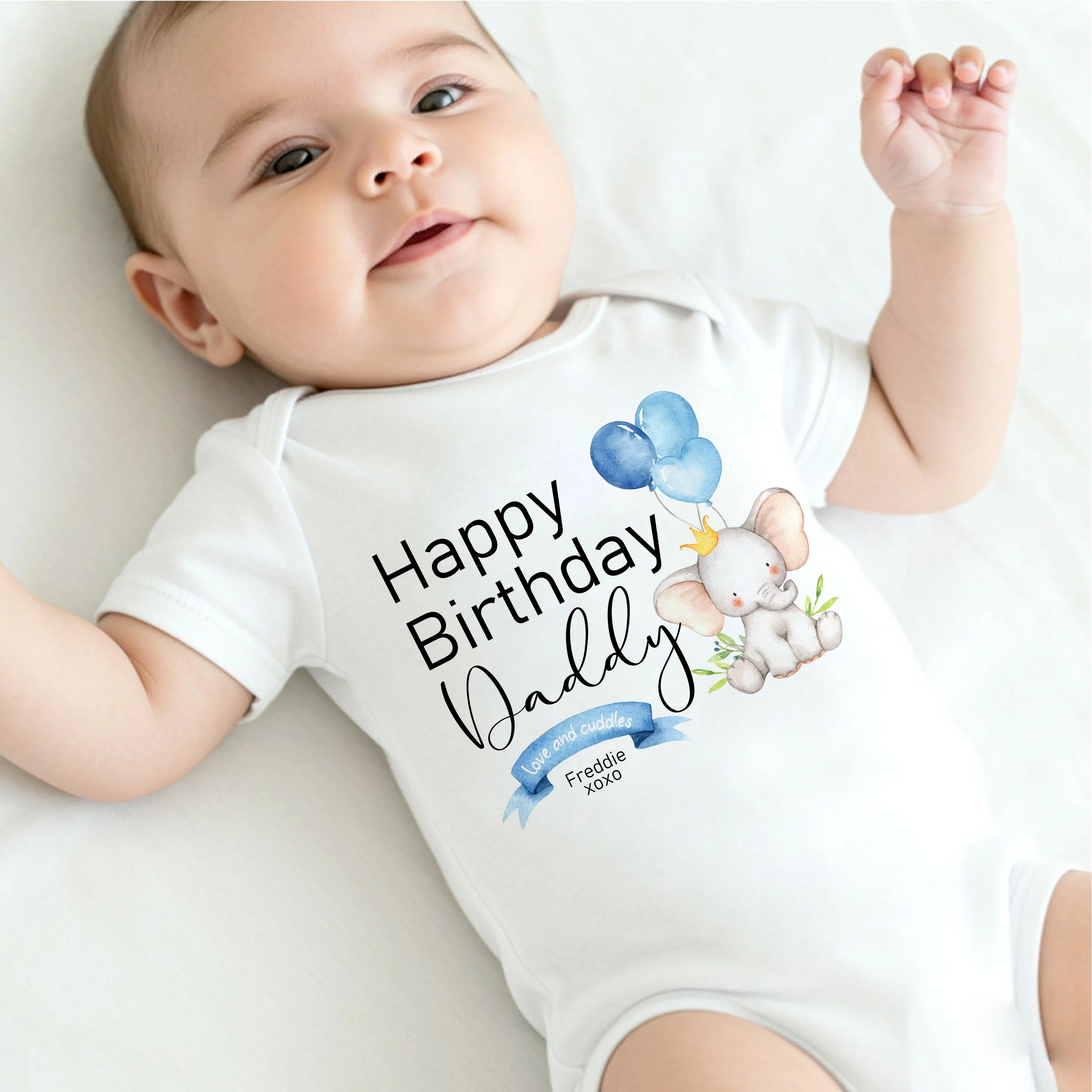 Personalised Blue Elephant Happy Birthday Daddy/Mummy Baby Grow or Vest - Image 5