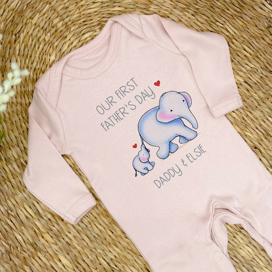 Personalised Blue Elephants Our First Father's Day Baby Grow or Vest - Image 3