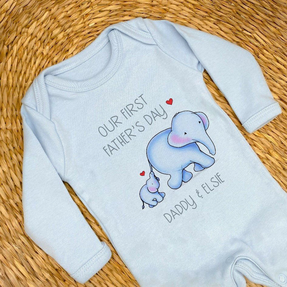 Personalised Blue Elephants Our First Father's Day Baby Grow or Vest - Image 6