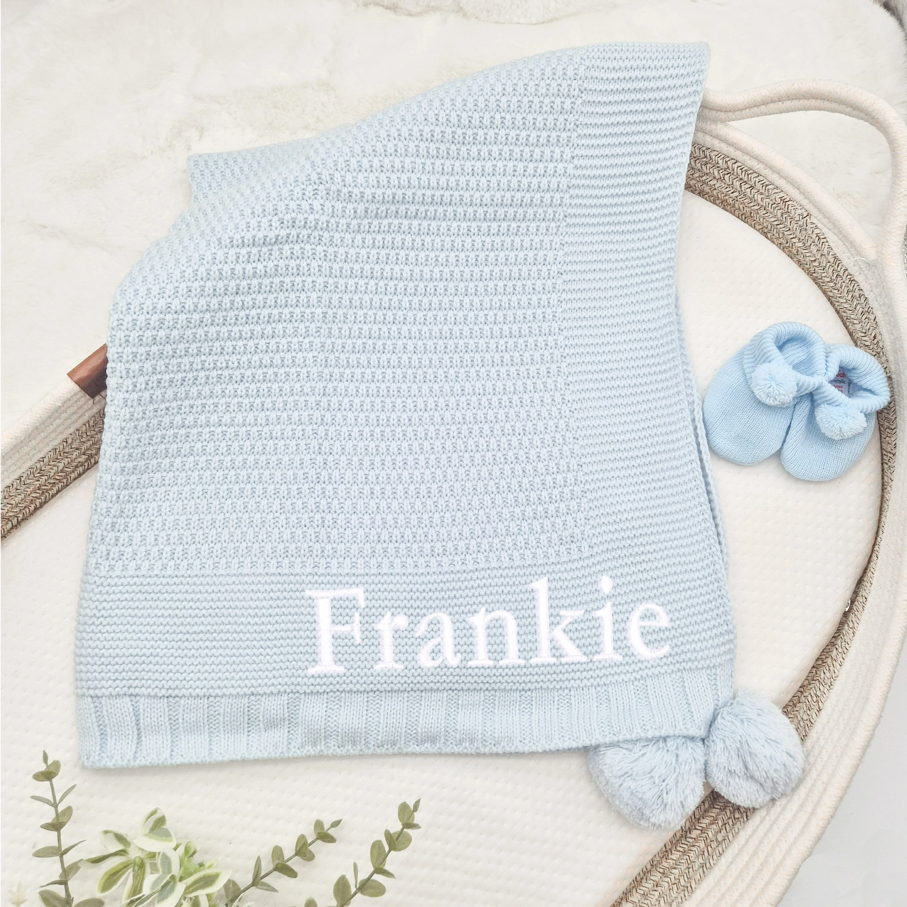 Personalised Blue Embroidered Knitted Baby Blanket - Image 2