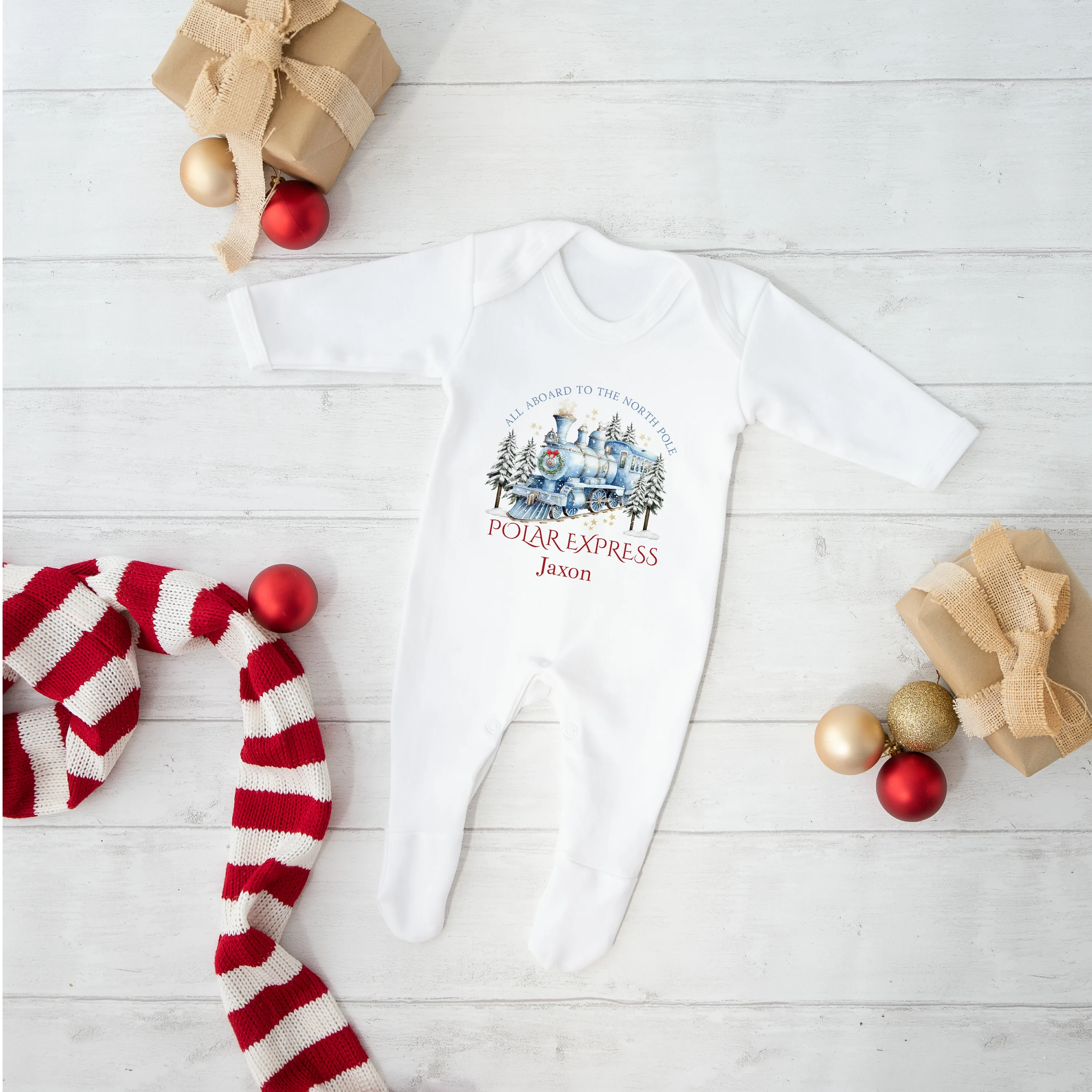 Personalised Blue Festive Train Christmas Baby Grow/Vest/Bib - Image 2