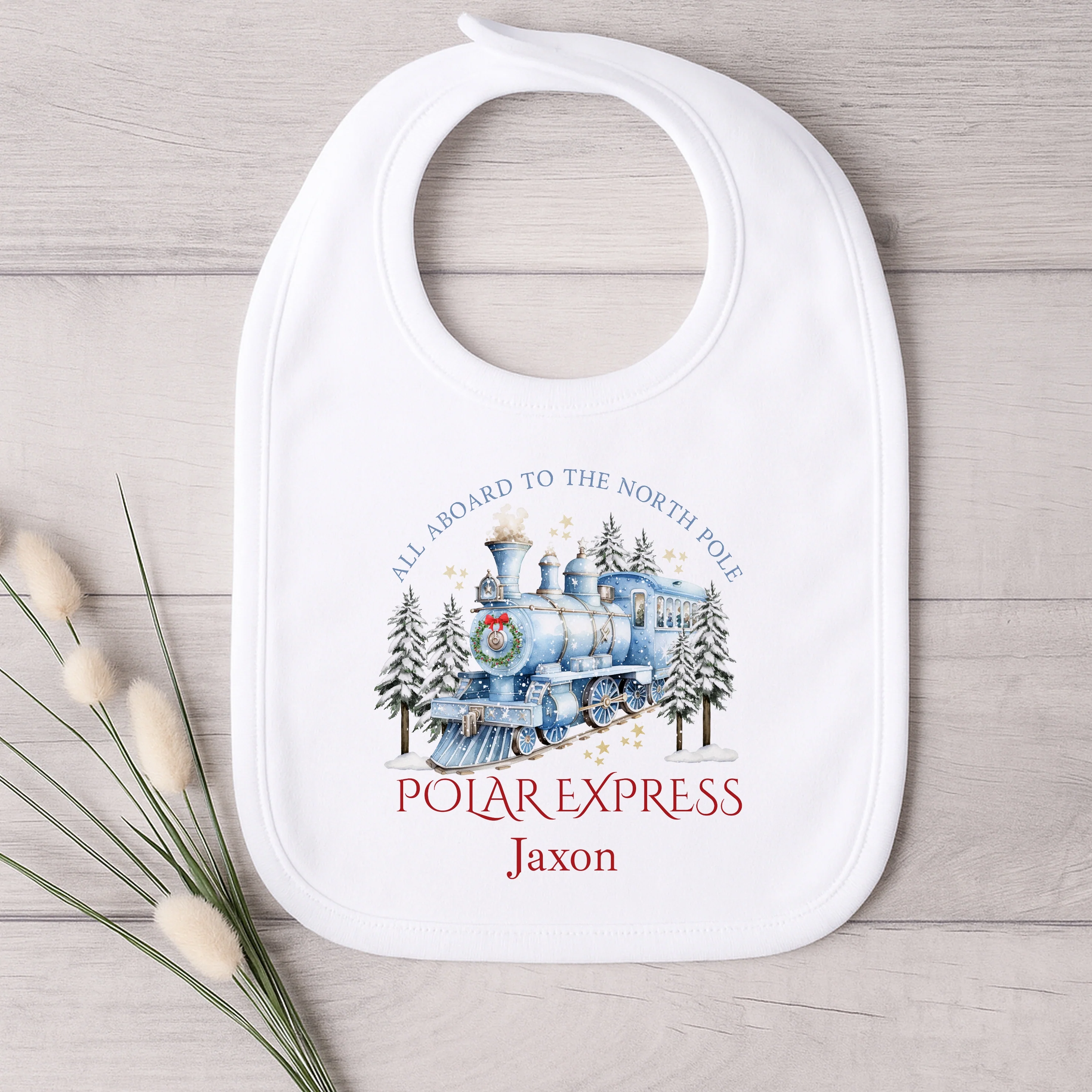 Personalised Blue Festive Train Christmas Baby Grow/Vest/Bib - Image 3