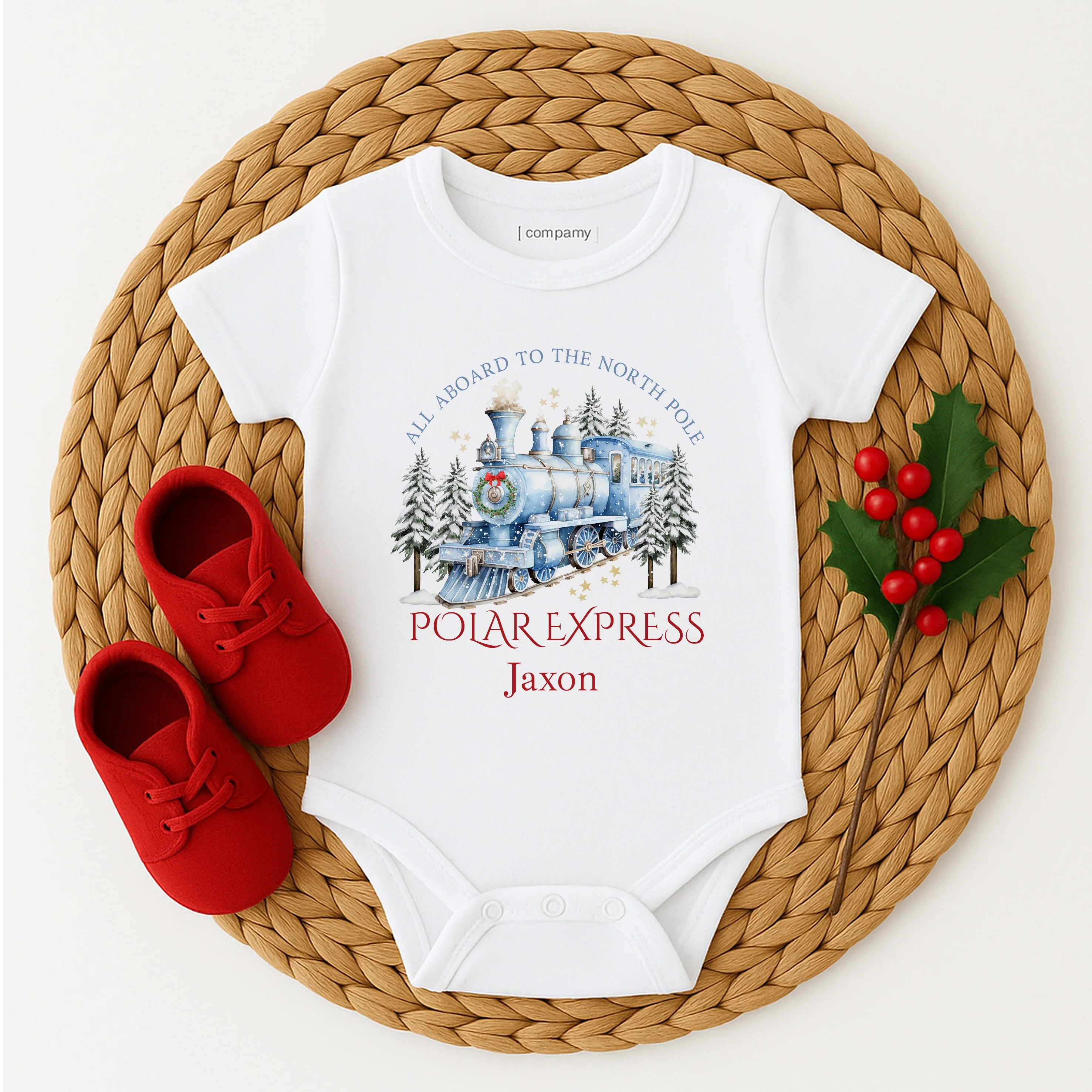 Personalised Blue Festive Train Christmas Baby Grow/Vest/Bib - Image 4