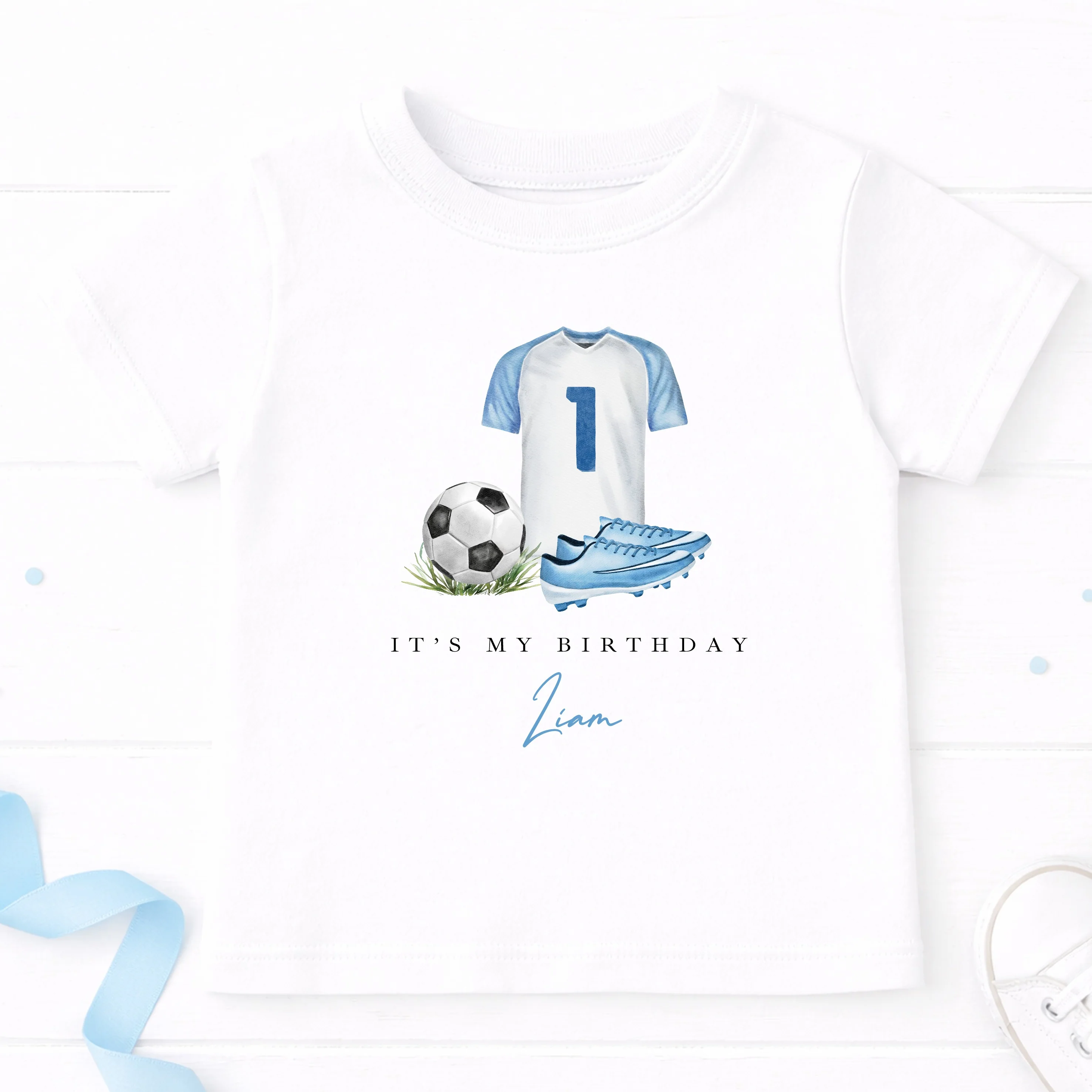 Personalised Blue Football First Birthday T-Shirt - Image 2