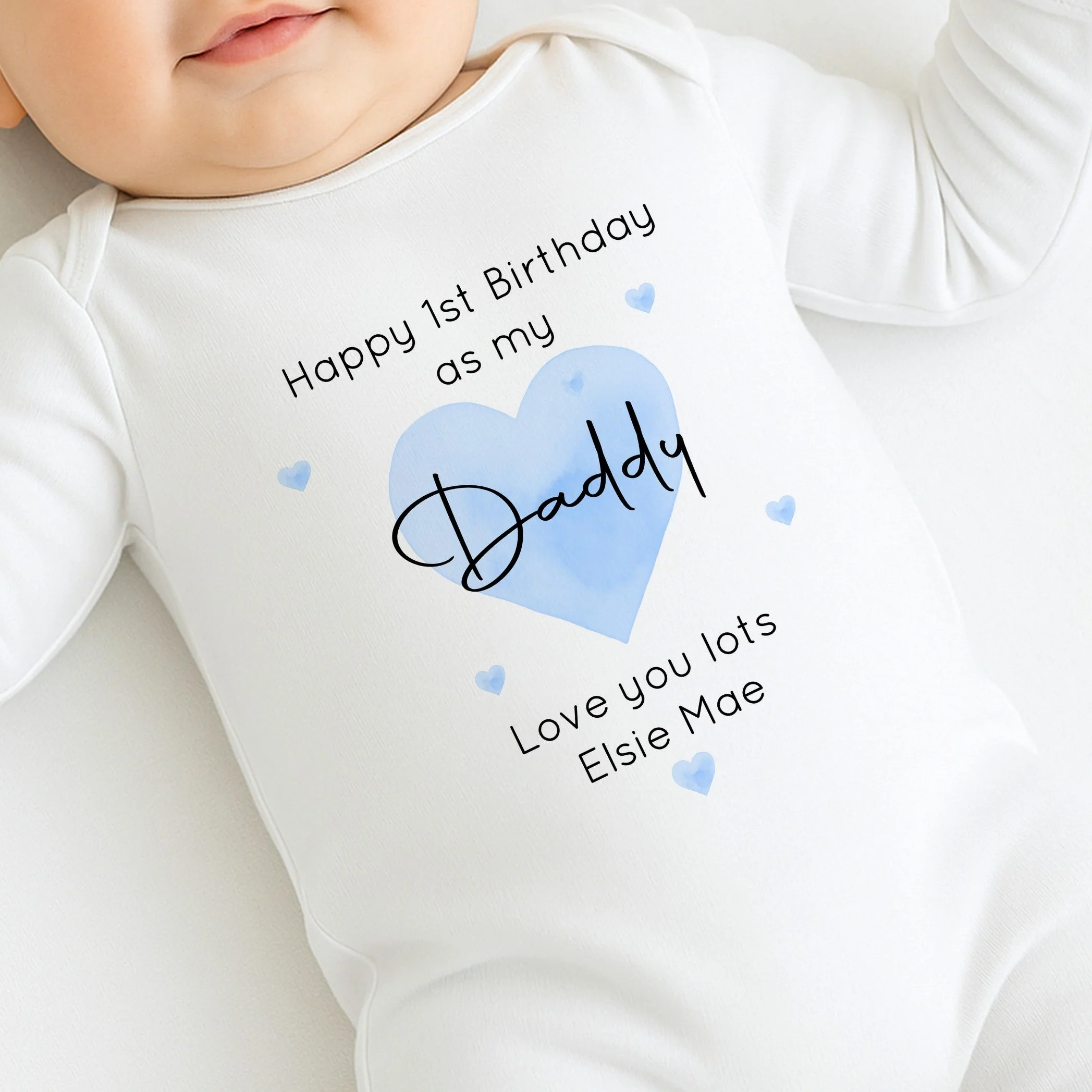 Personalised Blue Heart Happy 1st Birthday As My Daddy Baby Grow or Vest - Image 2