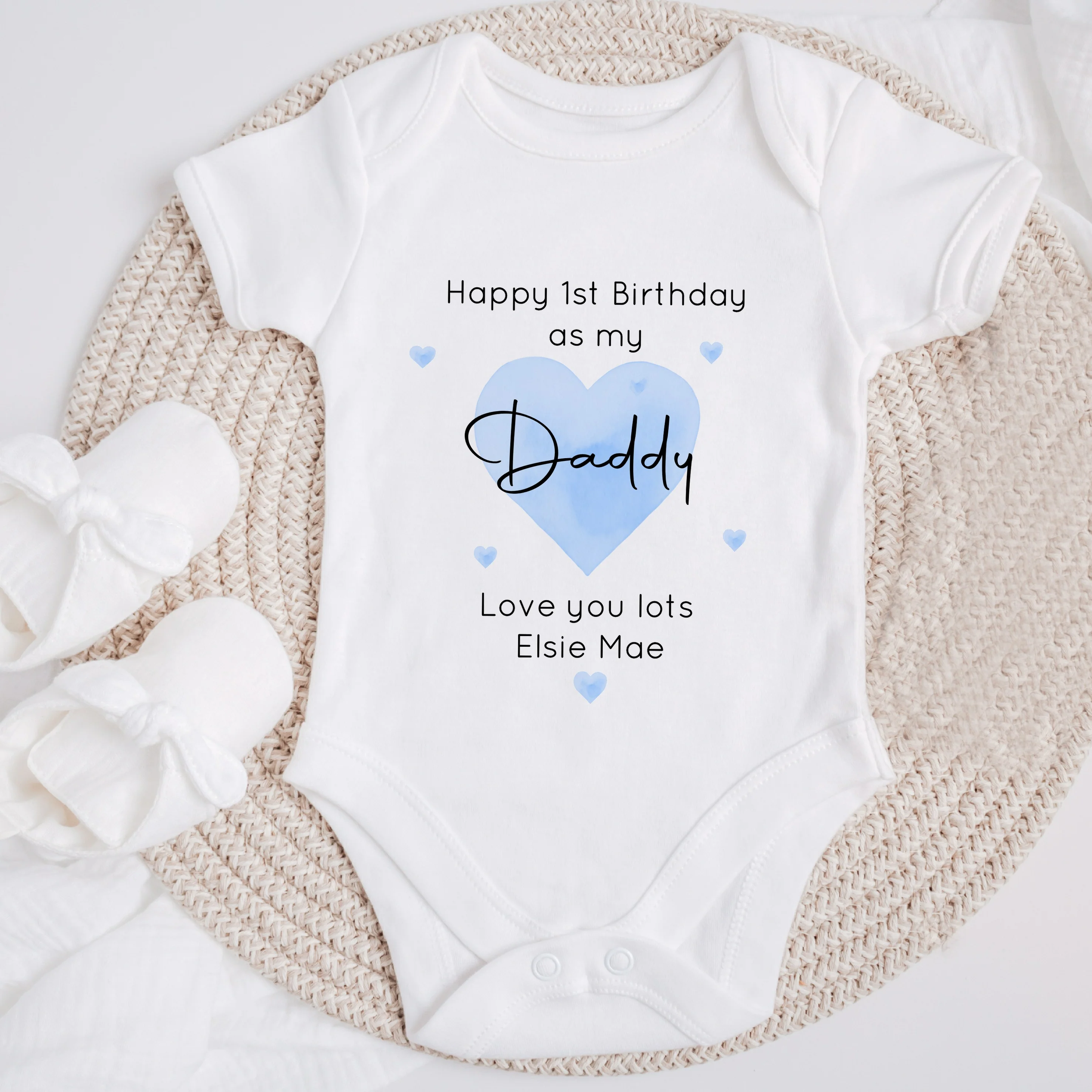 Personalised Blue Heart Happy 1st Birthday As My Daddy Baby Grow or Vest - Image 4