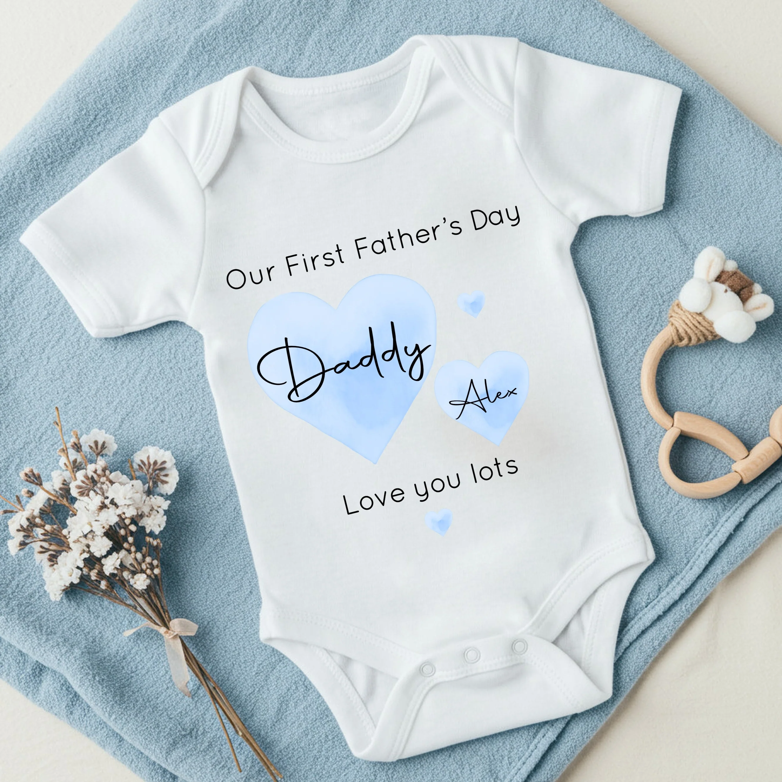 Personalised Blue Hearts Our First Father's Day Baby Grow or Vest - Image 2
