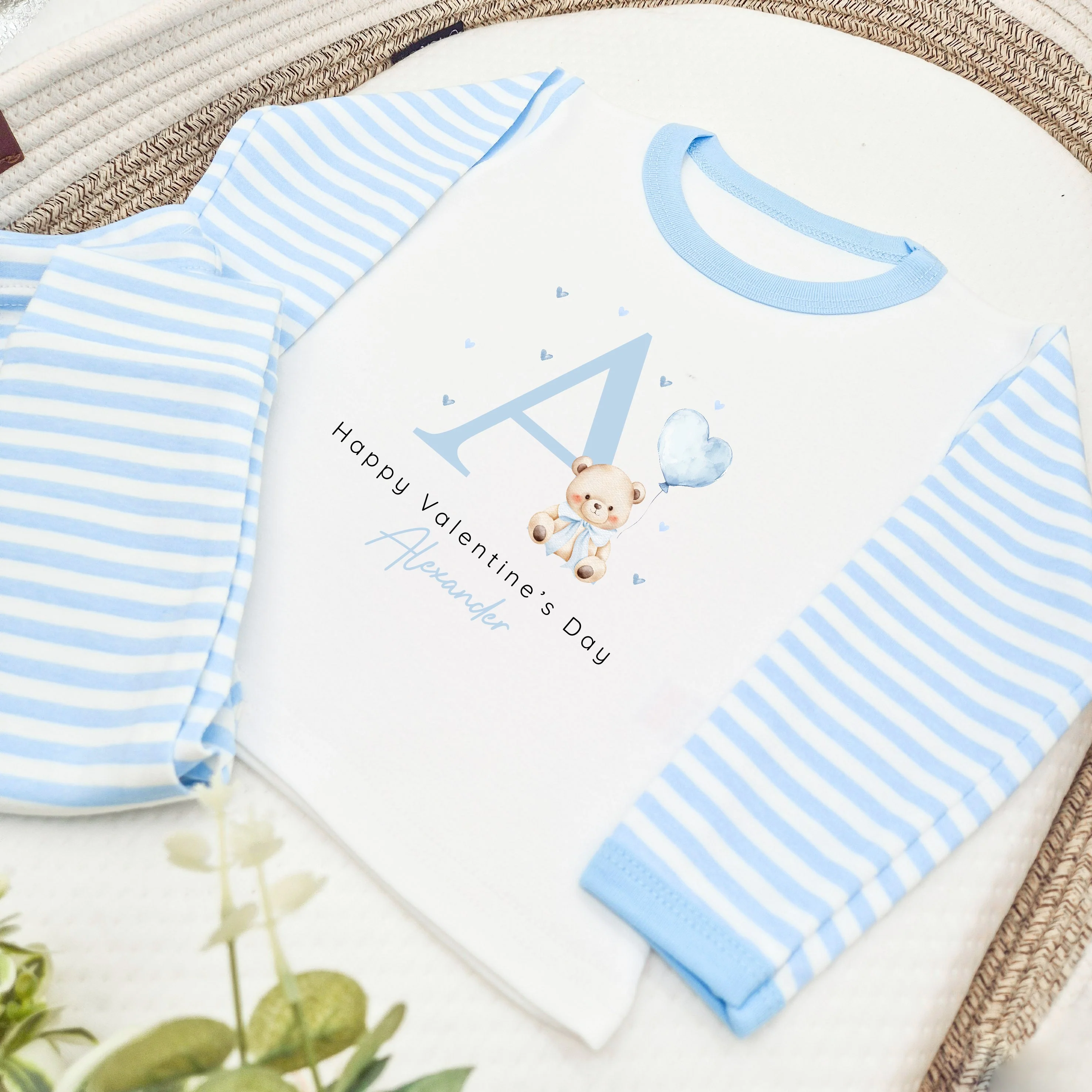 Personalised Blue Initial Happy Valentine's Day Blue Stripe Pyjamas - Image 3