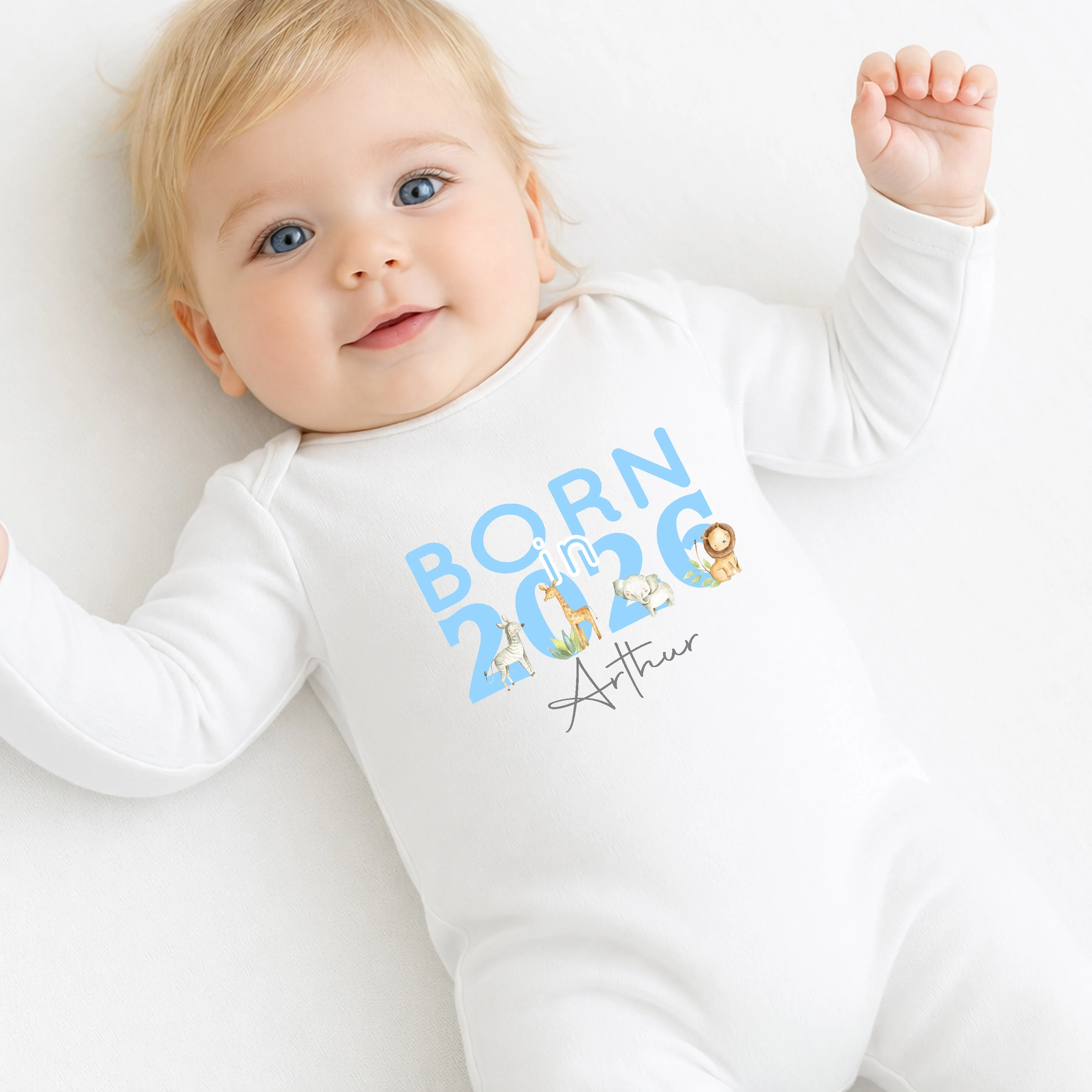 Personalised Blue Jungle Born in 2026 Baby Grow, Vest or Bib - Image 2