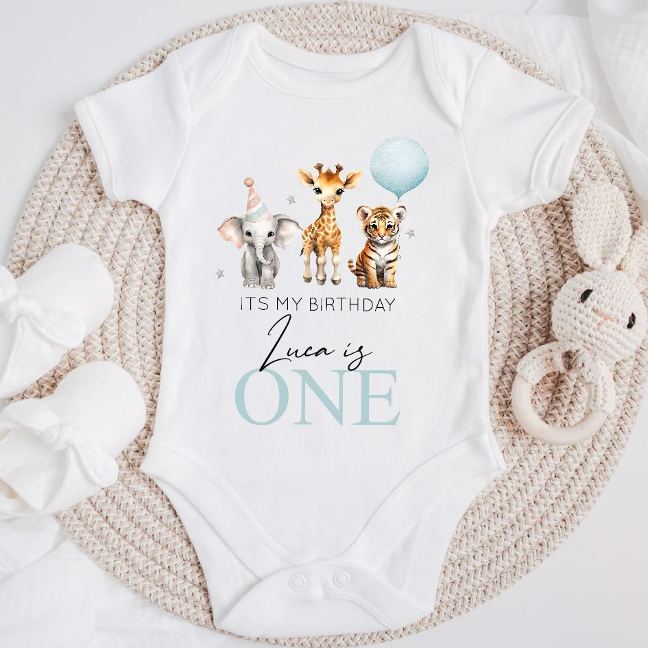 Personalised Blue Jungle It's My First Birthday Vest - Image 2
