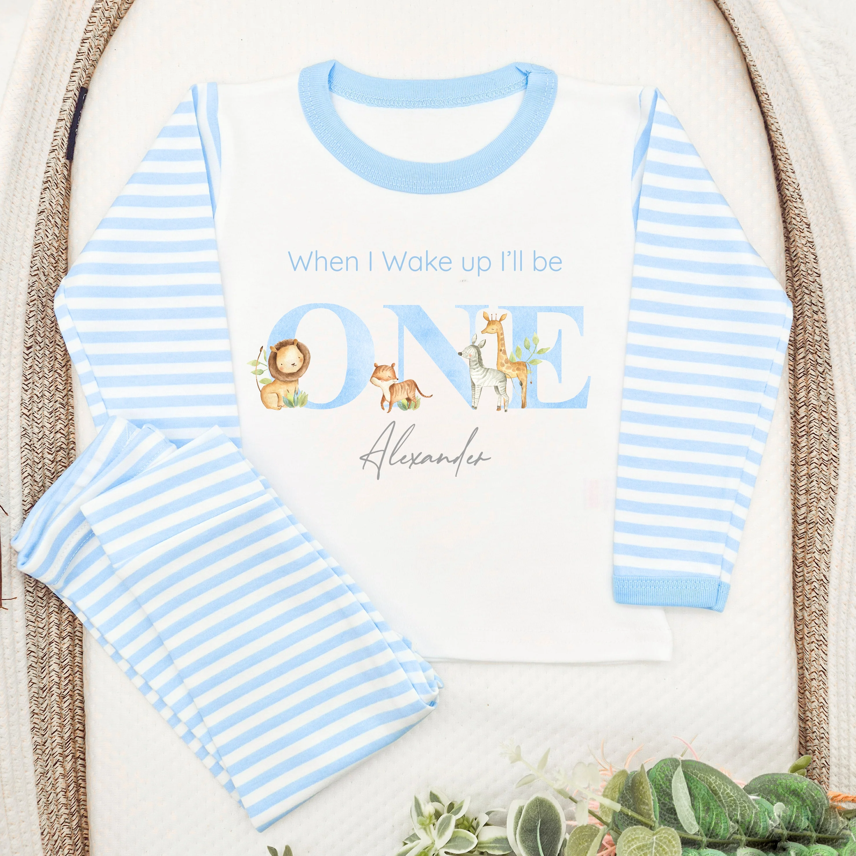 Personalised Blue Jungle When I Wake Up I Will Be One First Birthday Pyjamas - Image 3