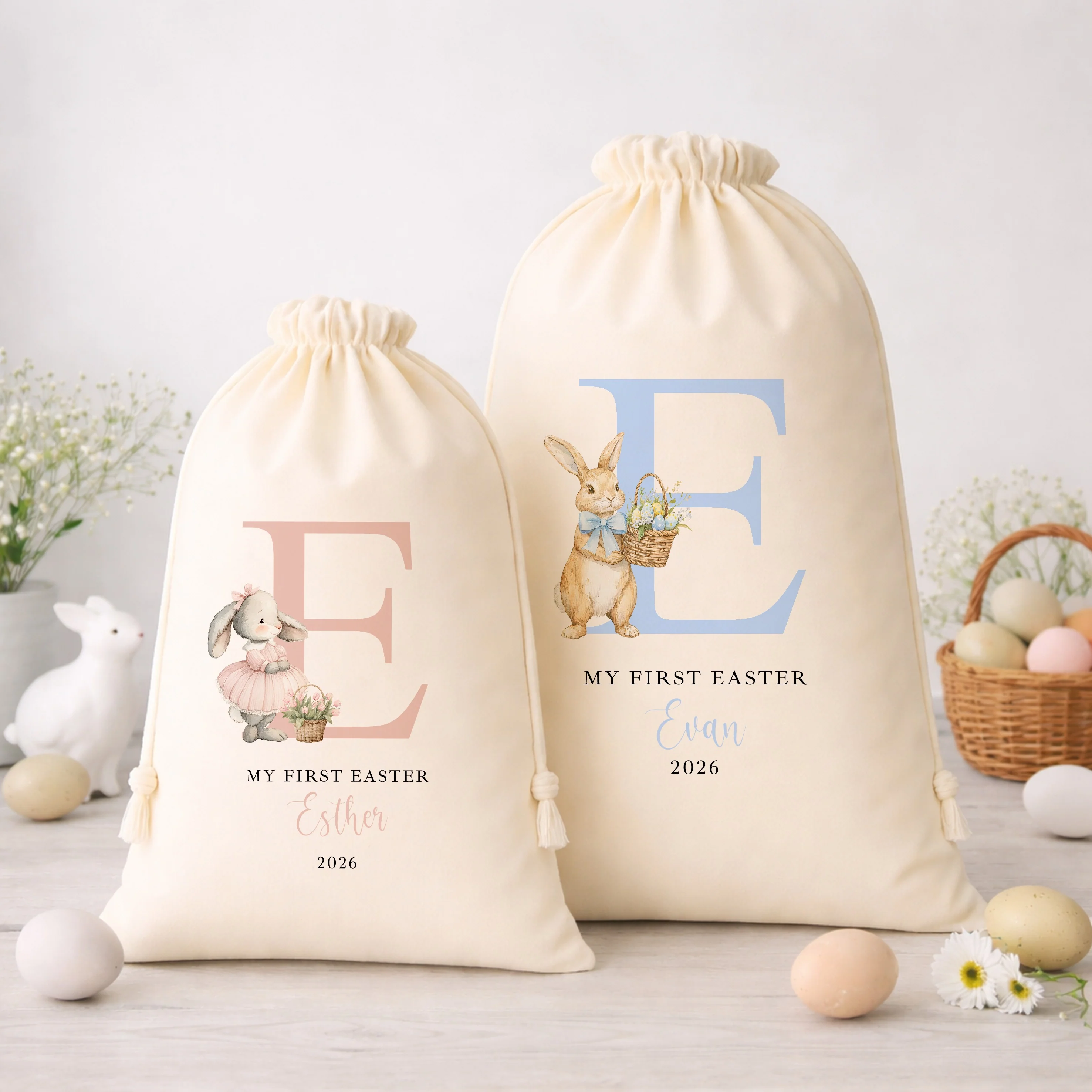 Personalised Blue or Pink Bunny Initial Easter Treat Bag