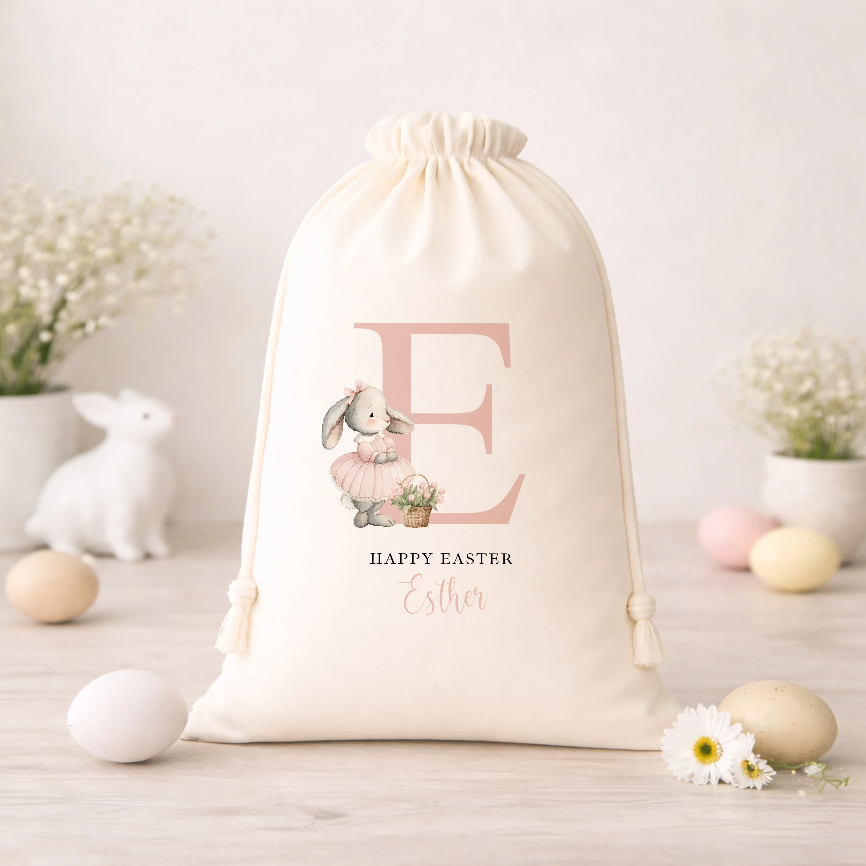 Personalised Blue or Pink Bunny Initial Easter Treat Bag - Image 6