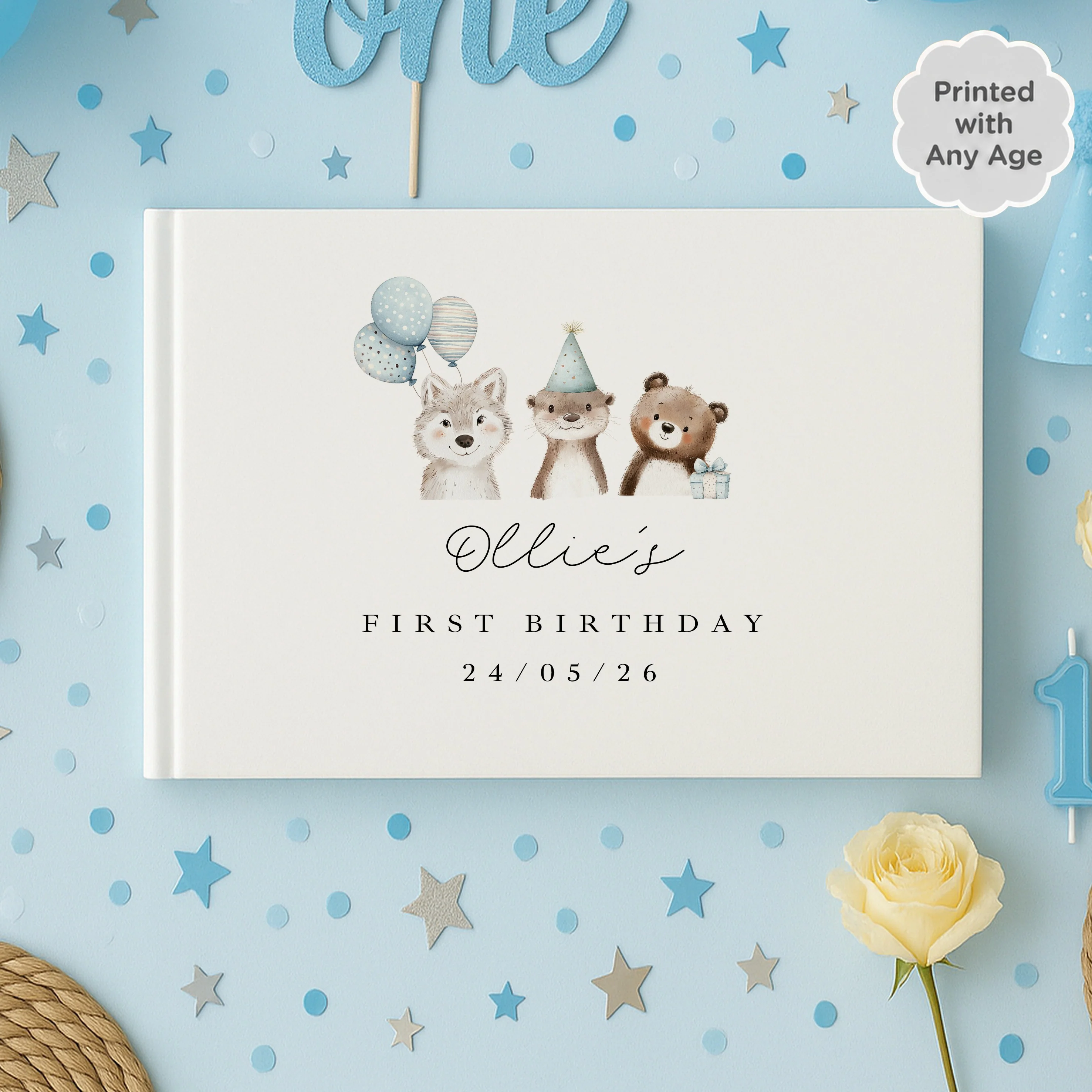 Personalised Blue Party Animals Any Age Birthday Guest Book - Image 3