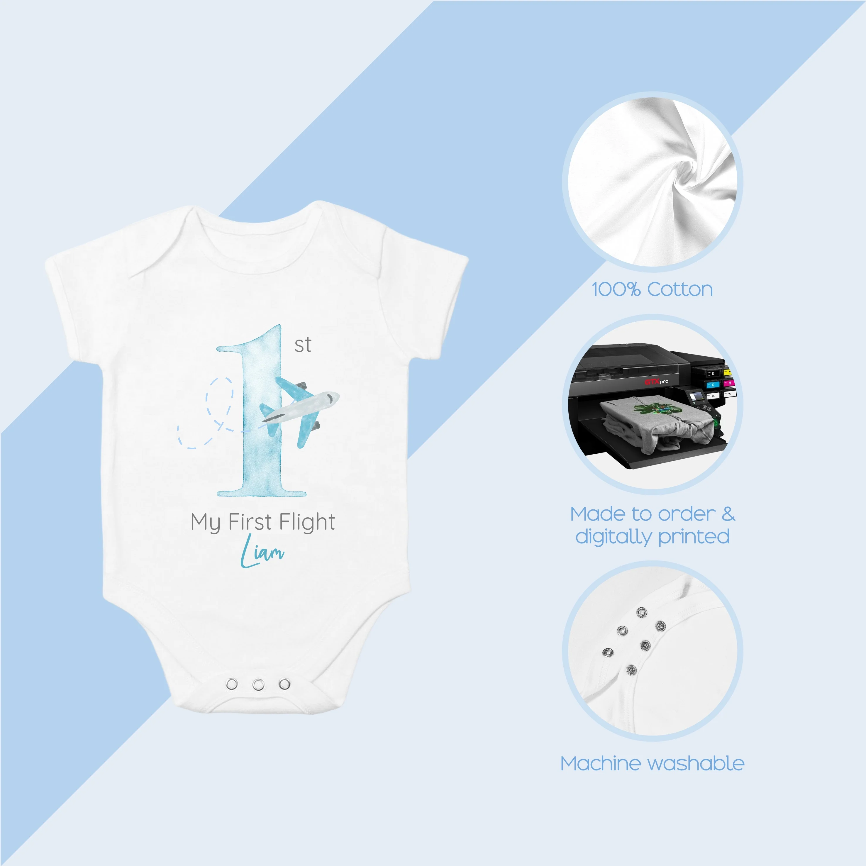 Personalised Blue Planes My 1st Flight Baby Vest/T-shirt - Image 6