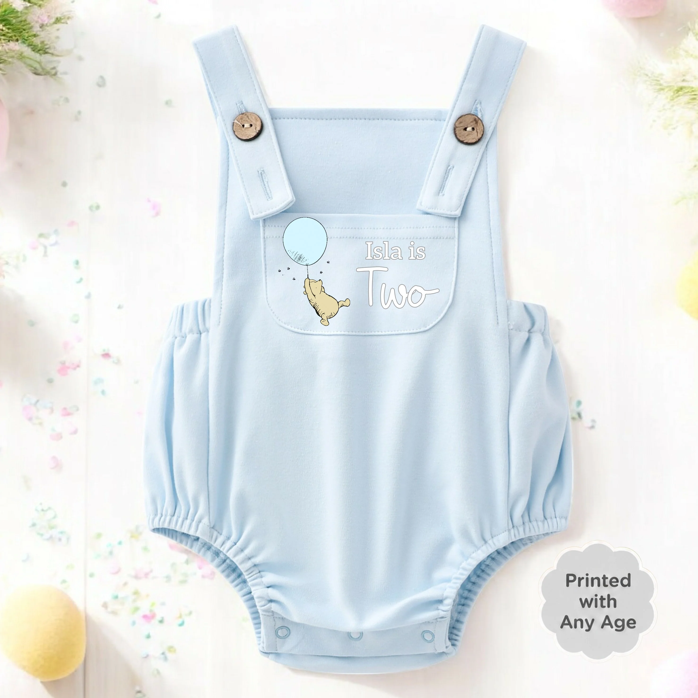 Personalised Blue Pooh Bear Any Age Birthday Dungarees