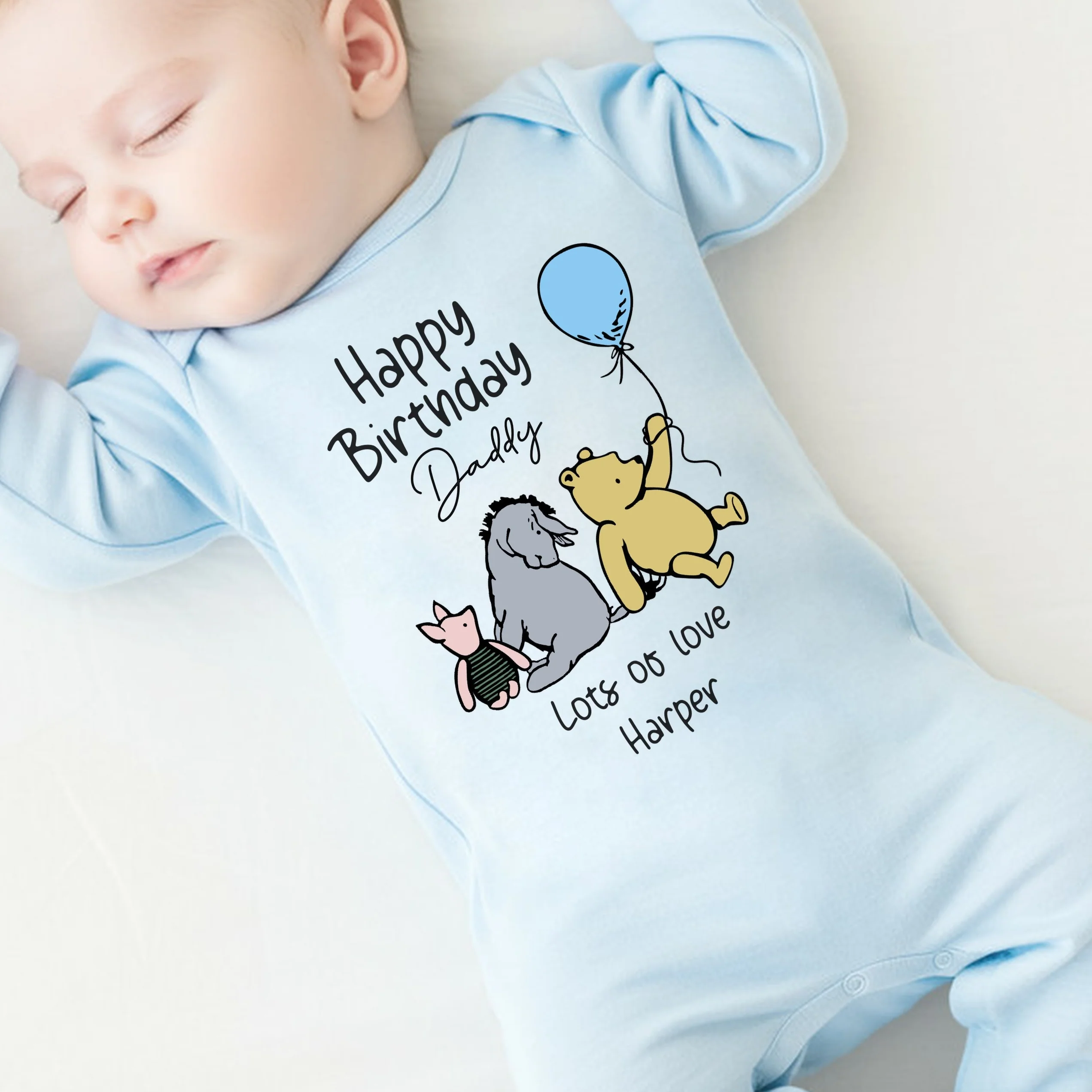 Personalised Blue Pooh Bear Happy Birthday Mummy or Daddy Baby Grow or Vest - Image 3