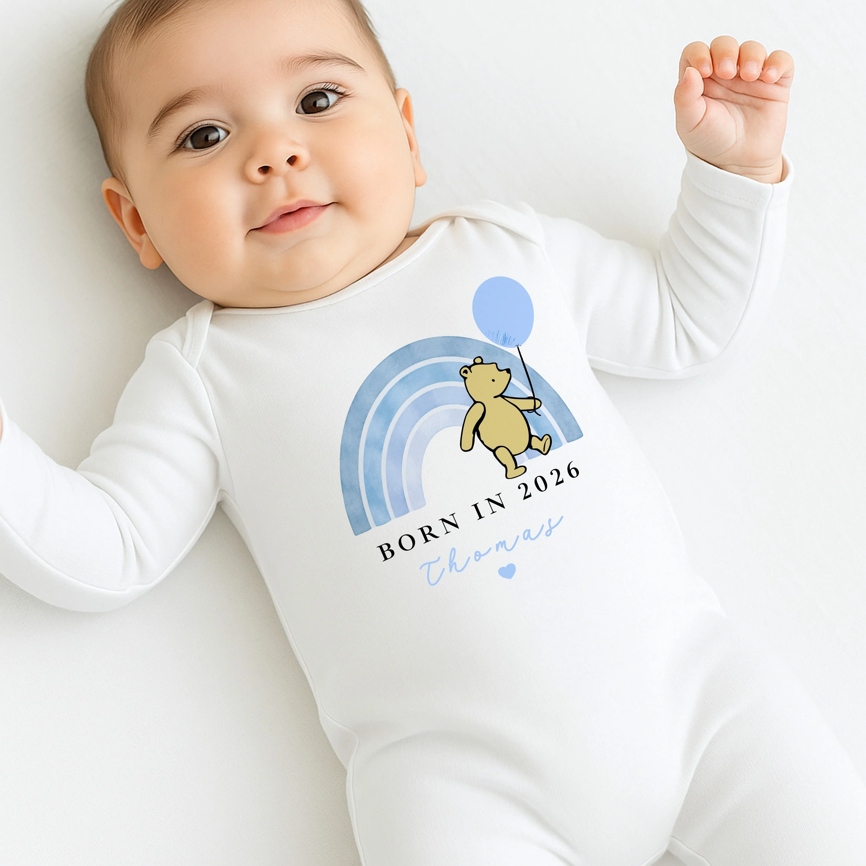 Personalised Blue Pooh Born in 2026 Baby Grow, Vest or Bib - Image 4