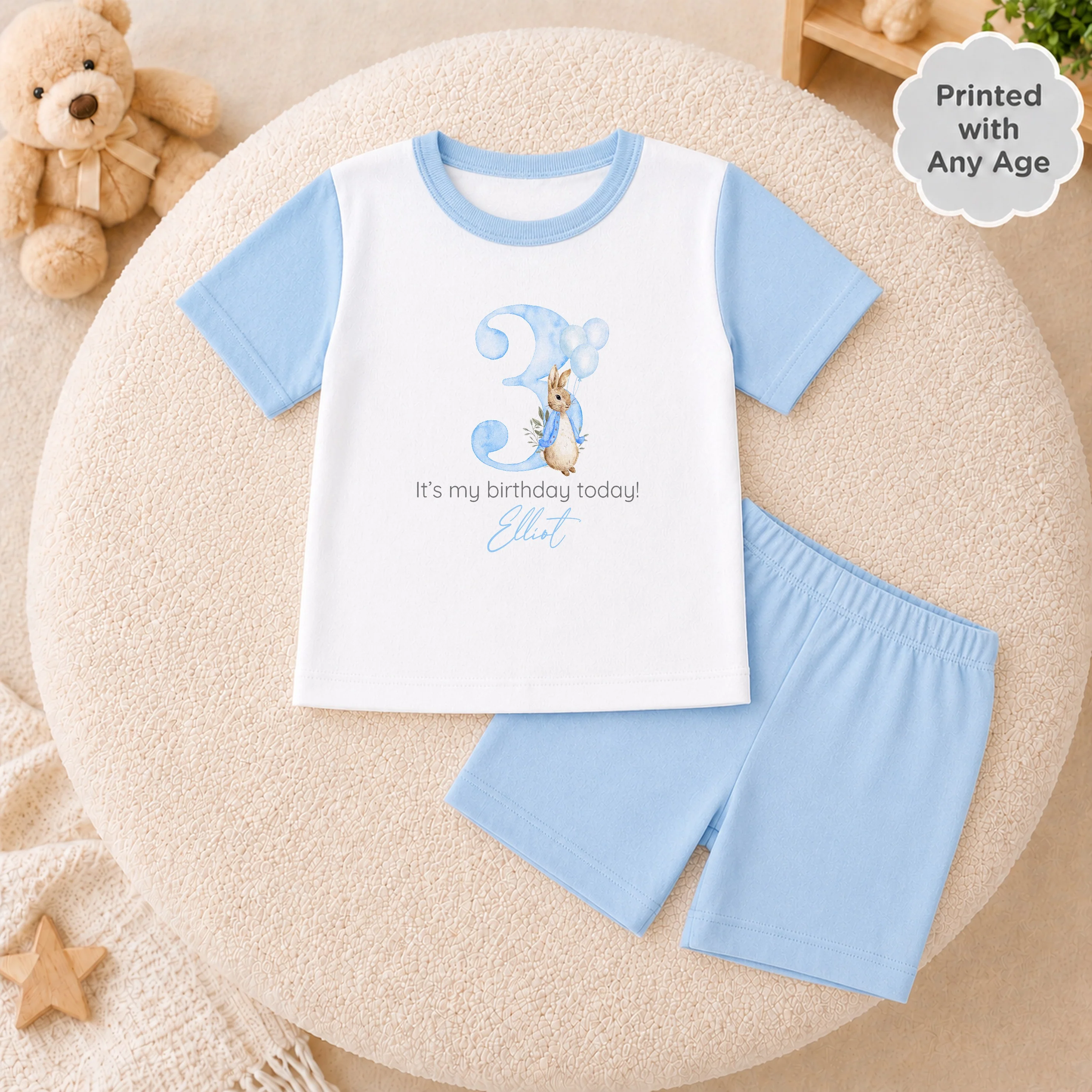 Personalised Blue Rabbit Any Age Short Sleeve Birthday Pyjamas