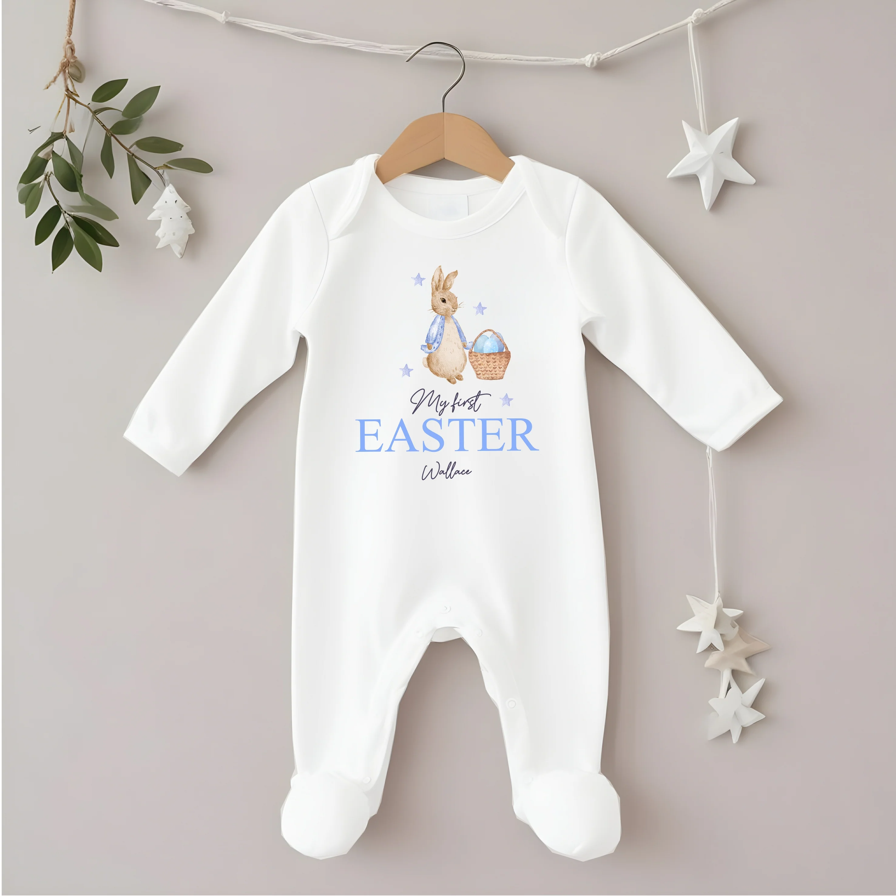 Personalised Blue Rabbit Basket My First Easter Baby Grow, Vest or Bib - Image 3