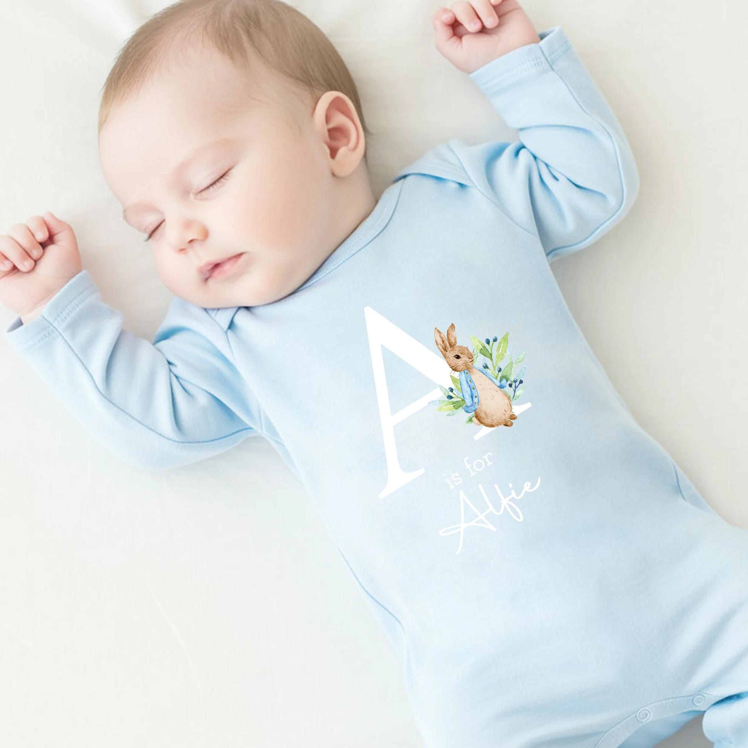 Personalised Blue Rabbit Initial Babygrow/Romper - Image 4
