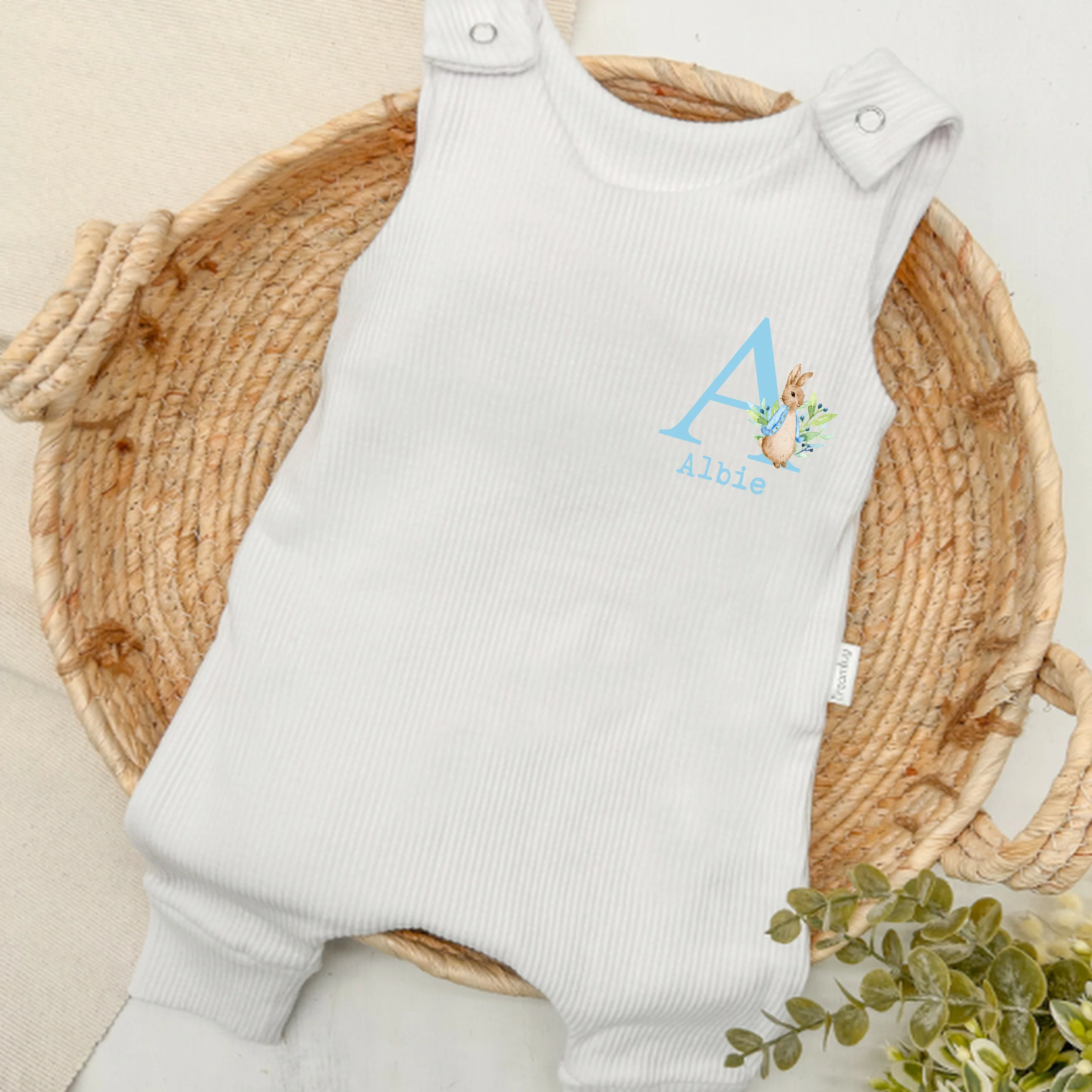 Personalised Blue Rabbit Initial Baby Ribbed Dungarees - Image 2
