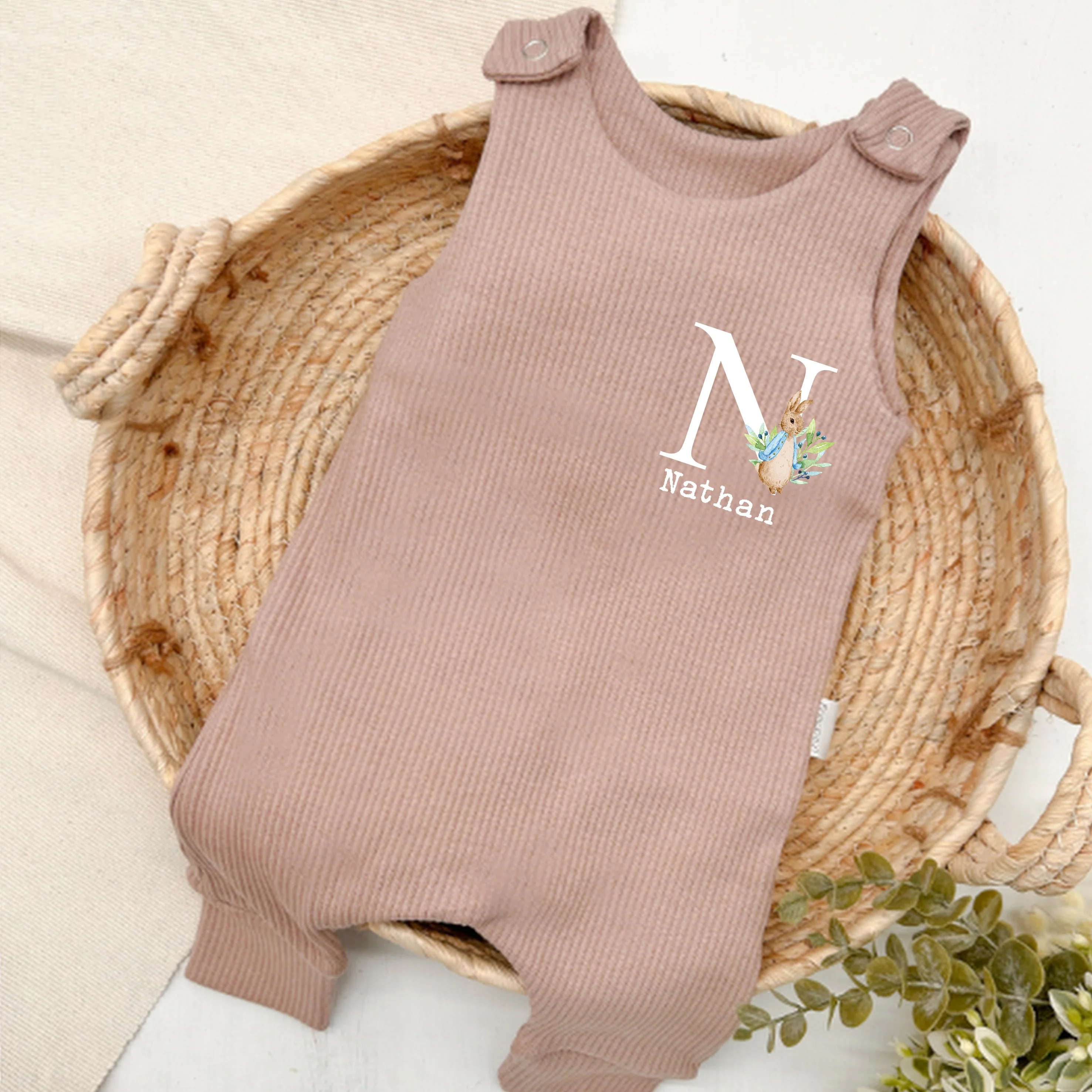 Personalised Blue Rabbit Initial Baby Ribbed Dungarees - Image 4