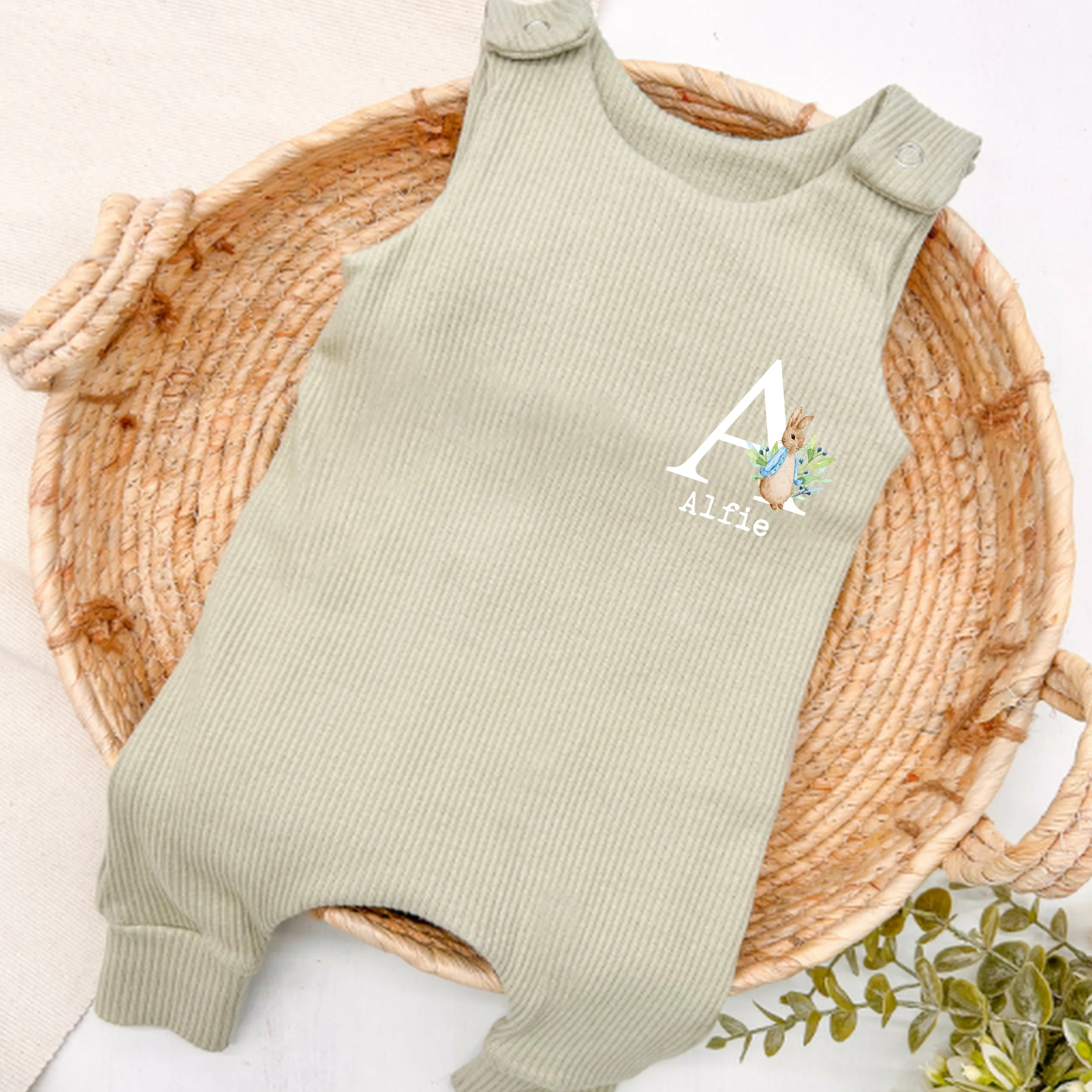 Personalised Blue Rabbit Initial Baby Ribbed Dungarees - Image 5