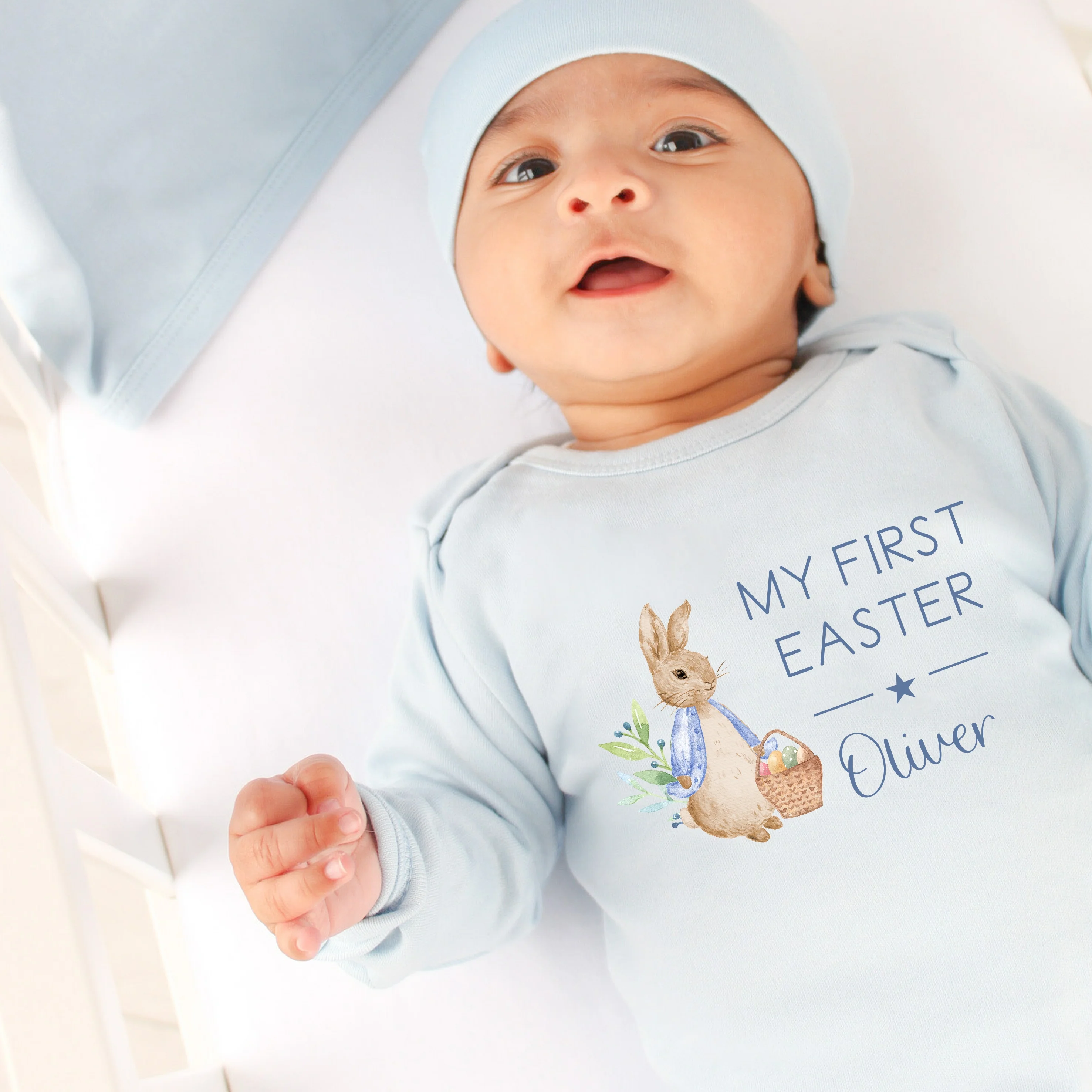 Personalised Blue Rabbit My First Easter Baby Grow, Vest or Bib