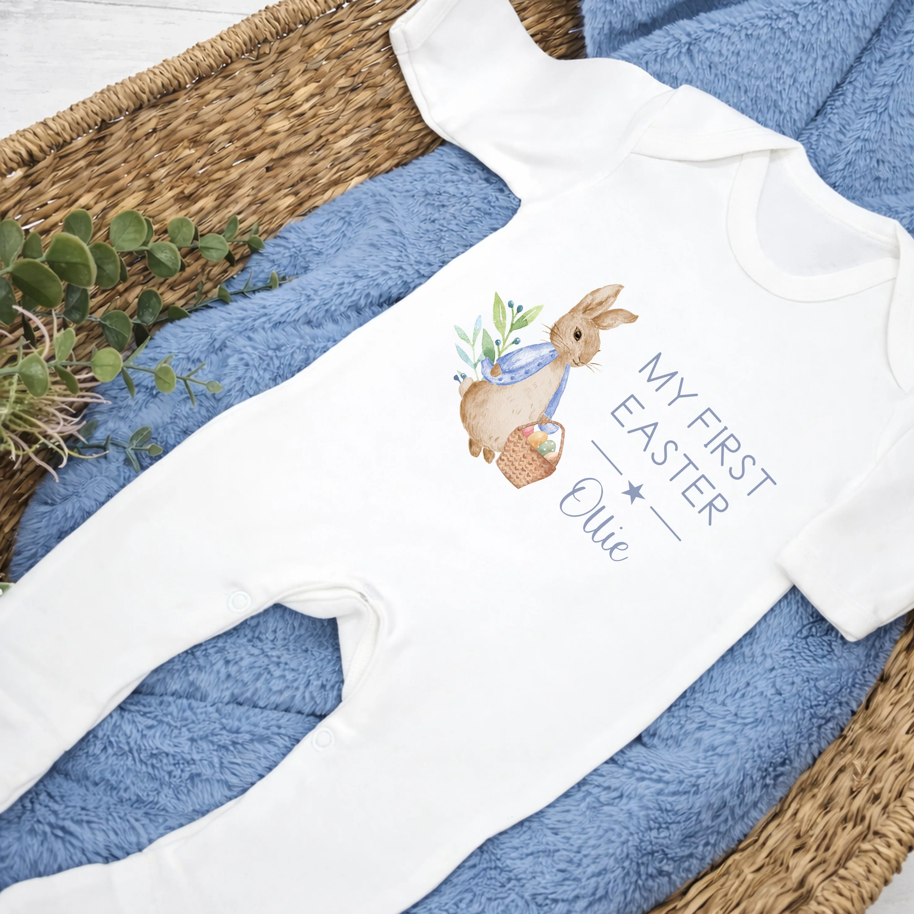 Personalised Blue Rabbit My First Easter Baby Grow, Vest or Bib - Image 2