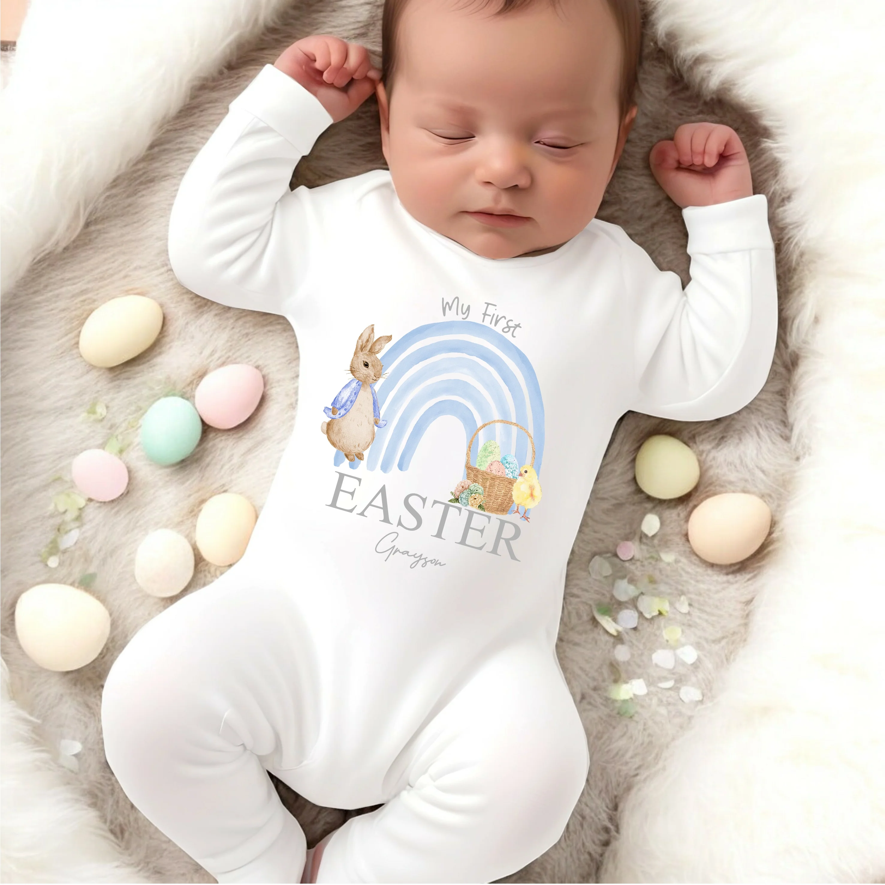 Personalised Blue Rabbit Rainbow My First Easter Baby Grow, Vest or Bib - Image 3