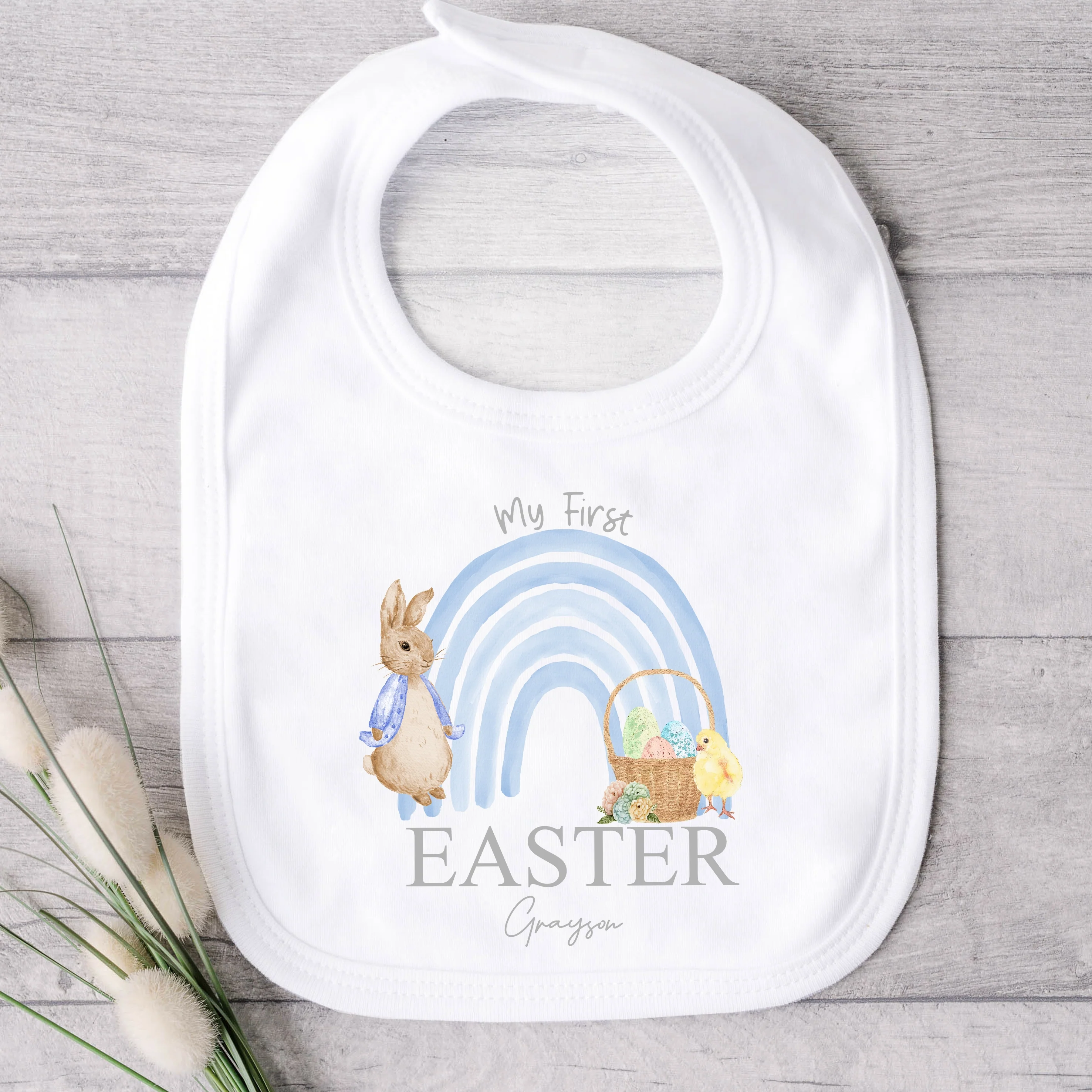 Personalised Blue Rabbit Rainbow My First Easter Baby Grow, Vest or Bib - Image 4