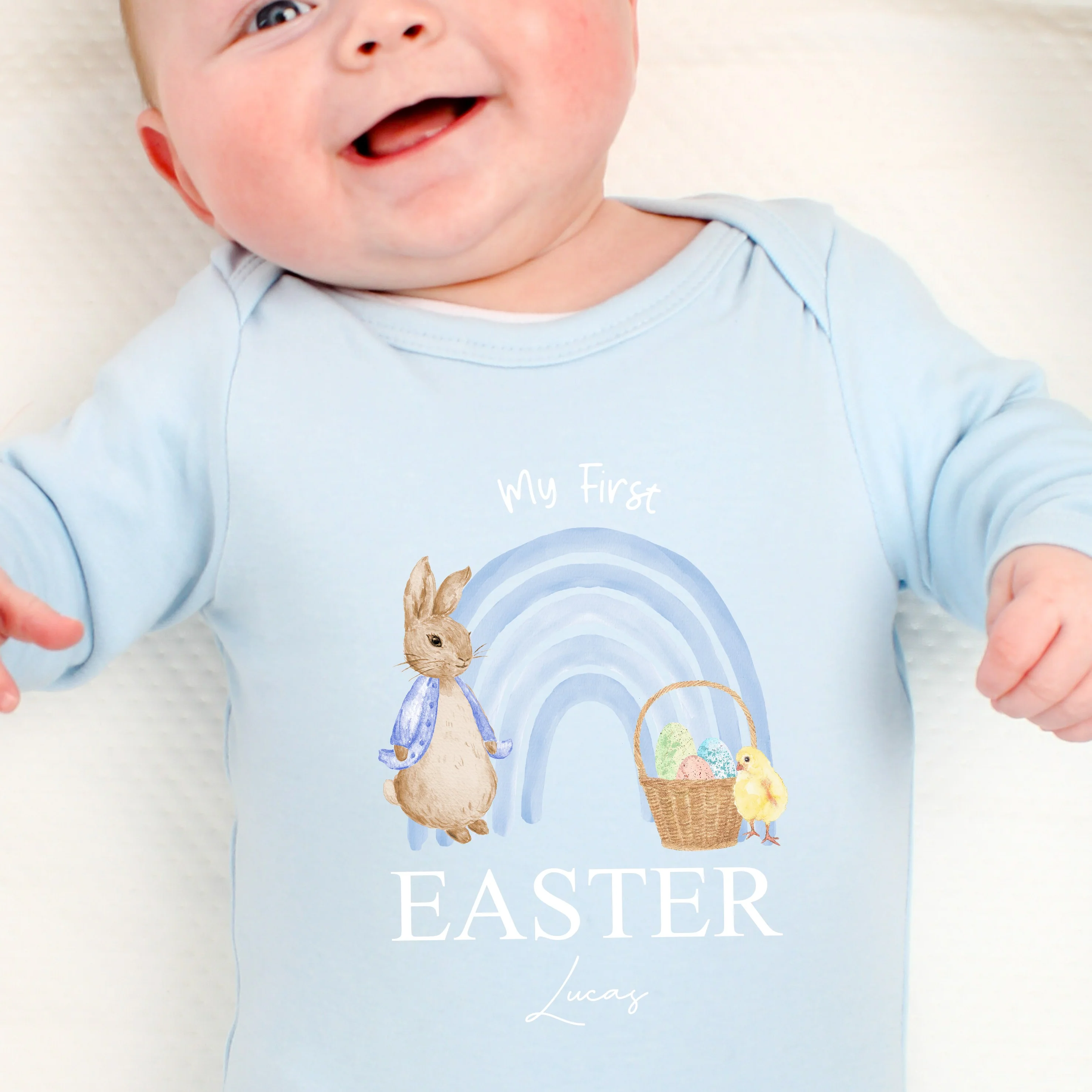 Personalised Blue Rabbit Rainbow My First Easter Baby Grow, Vest or Bib - Image 5