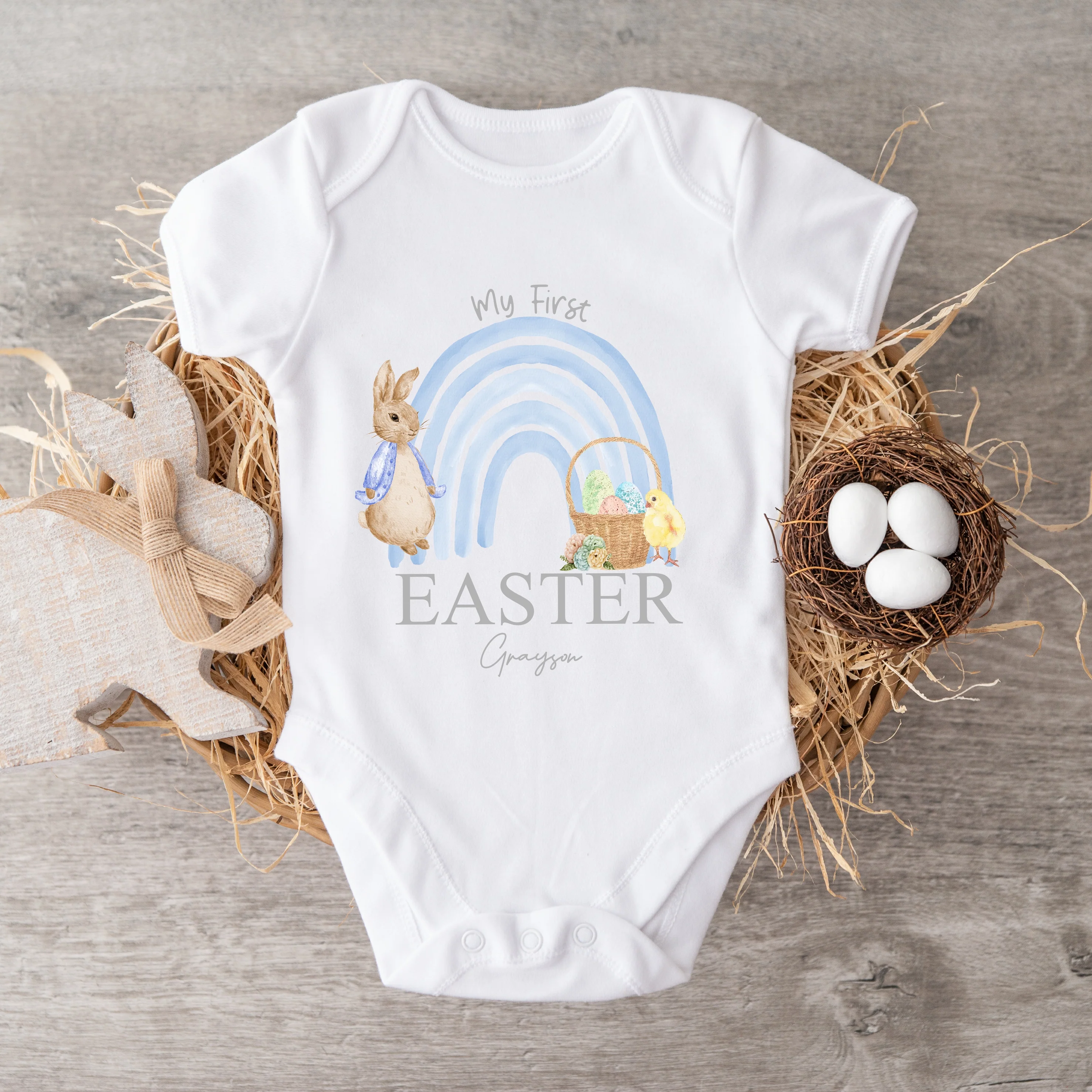 Personalised Blue Rabbit Rainbow My First Easter Baby Grow, Vest or Bib - Image 6