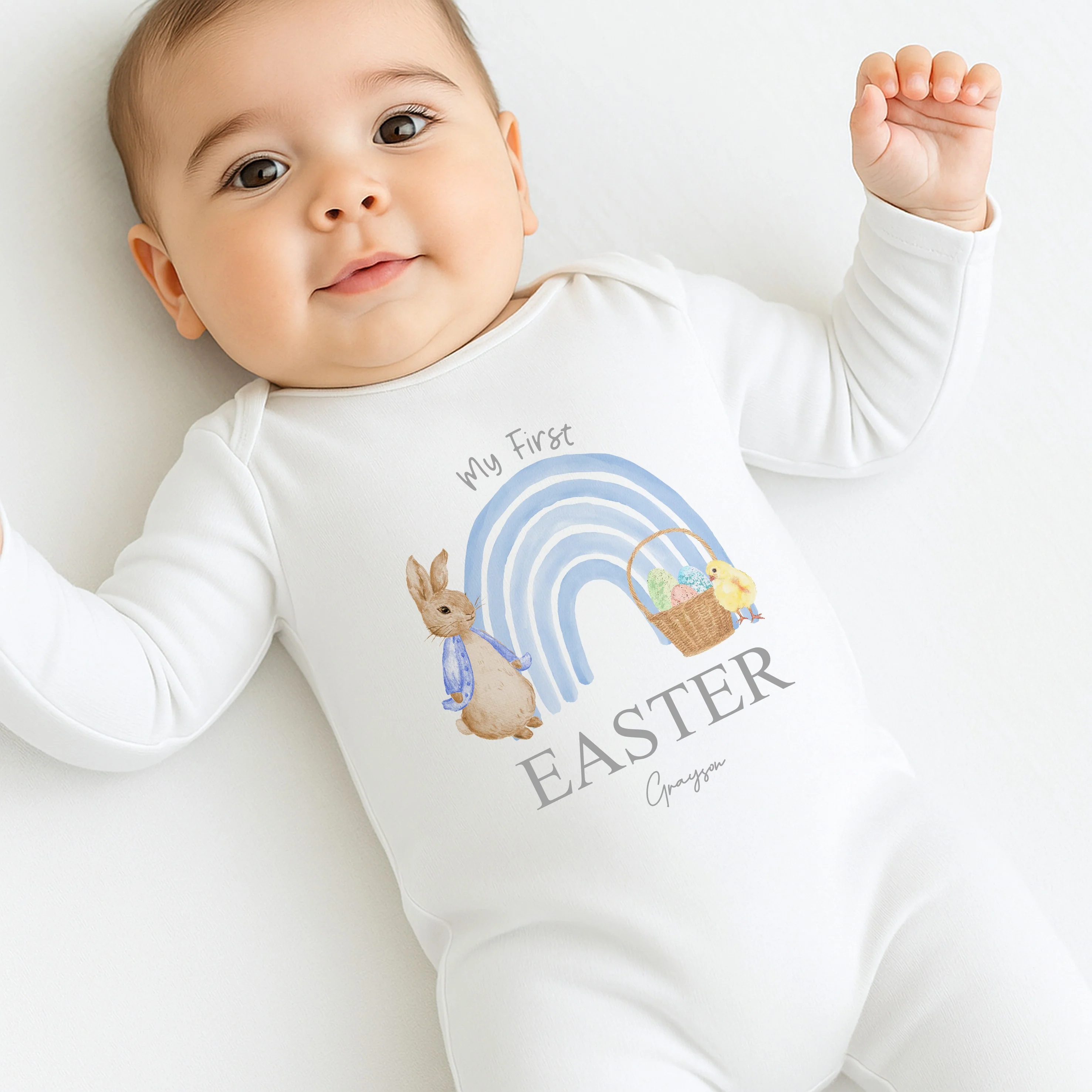 Personalised Blue Rabbit Rainbow My First Easter Baby Grow, Vest or Bib - Image 7