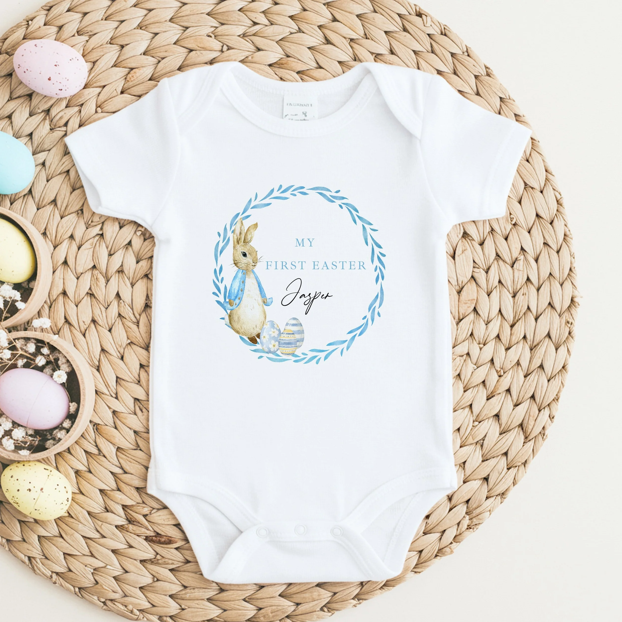 Personalised Blue Rabbit Wreath My First Easter Baby Grow, Vest or Bib - Image 2