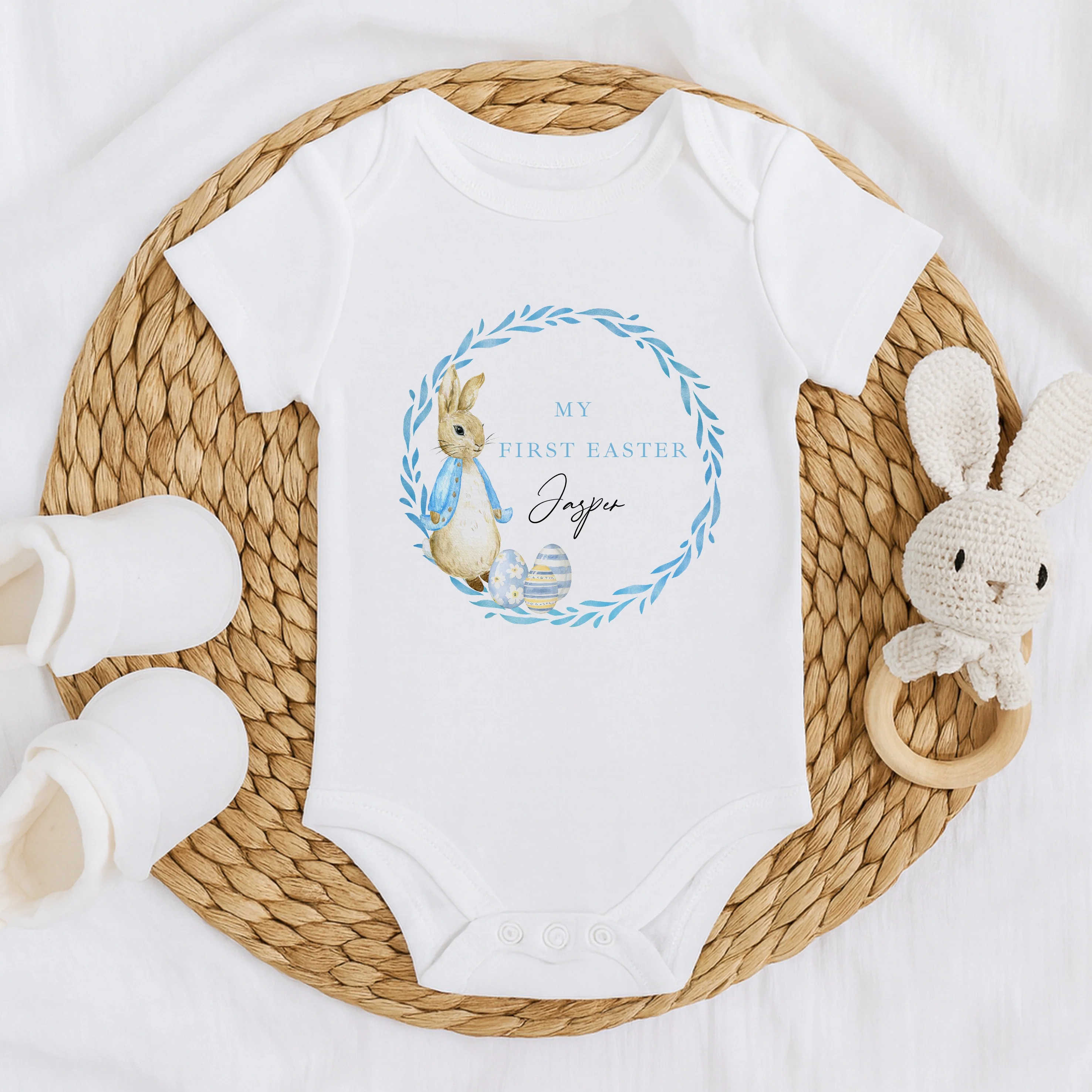 Personalised Blue Rabbit Wreath My First Easter Baby Grow, Vest or Bib - Image 4