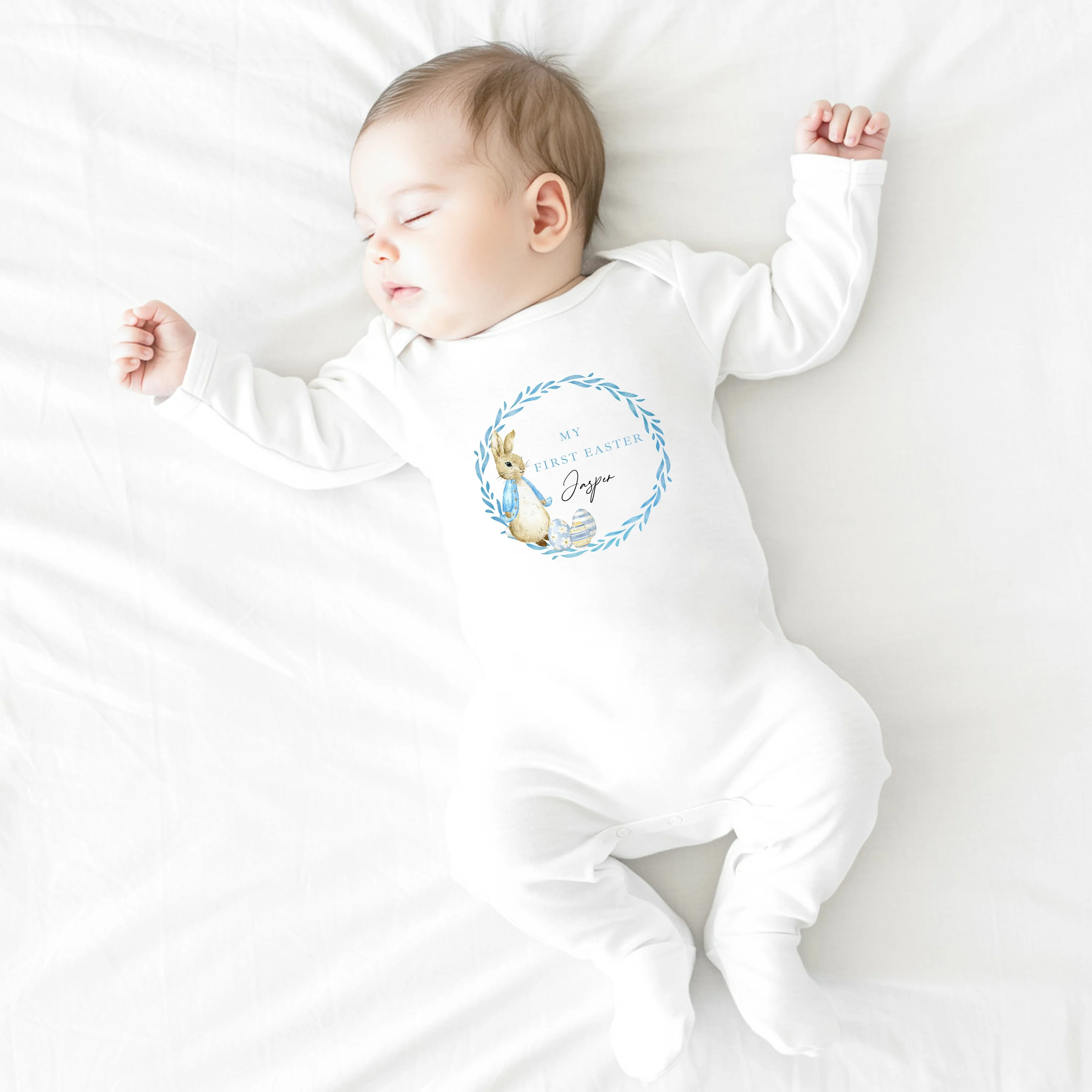 Personalised Blue Rabbit Wreath My First Easter Baby Grow, Vest or Bib - Image 5