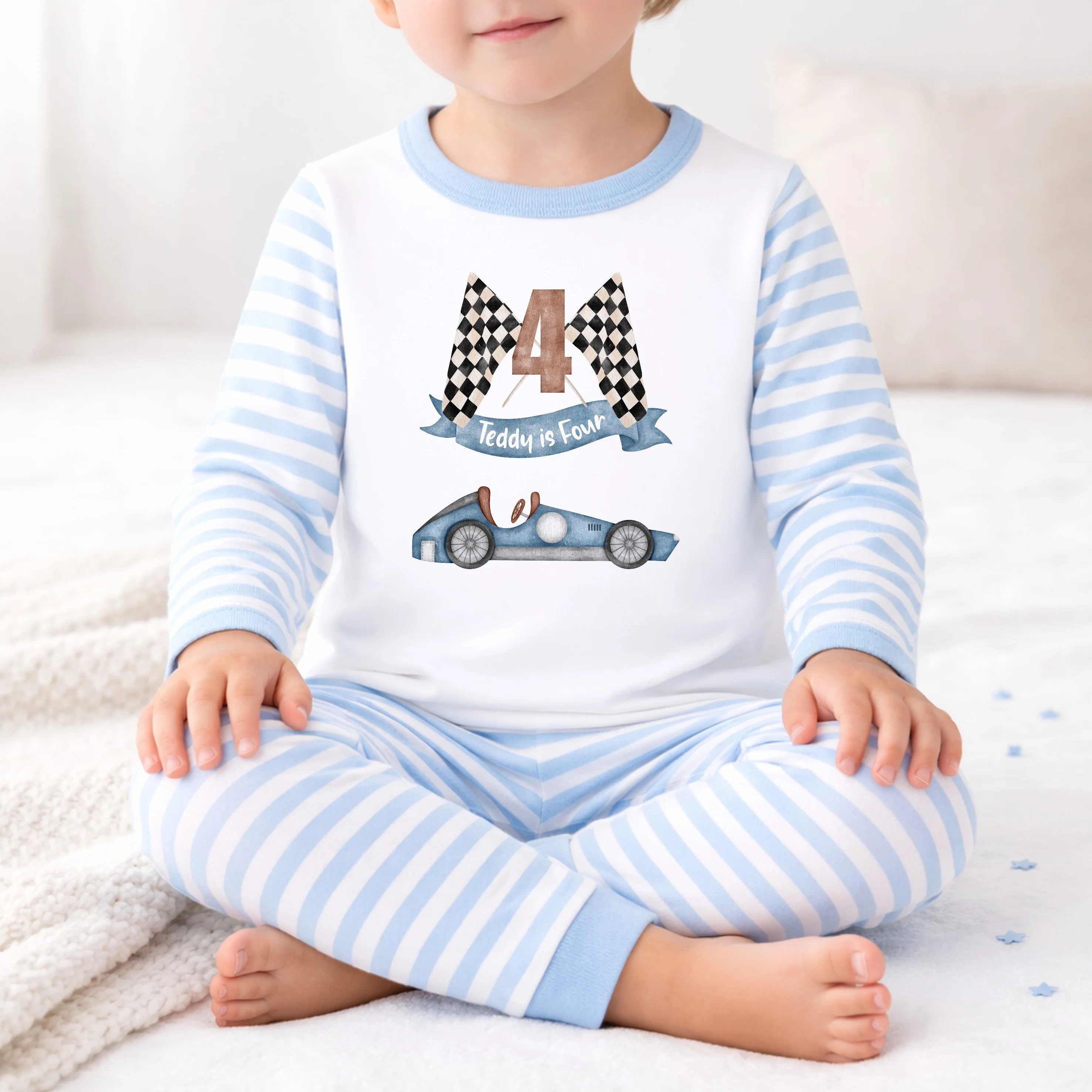 Personalised Blue Racecar Any Age Birthday Pyjamas - Image 3