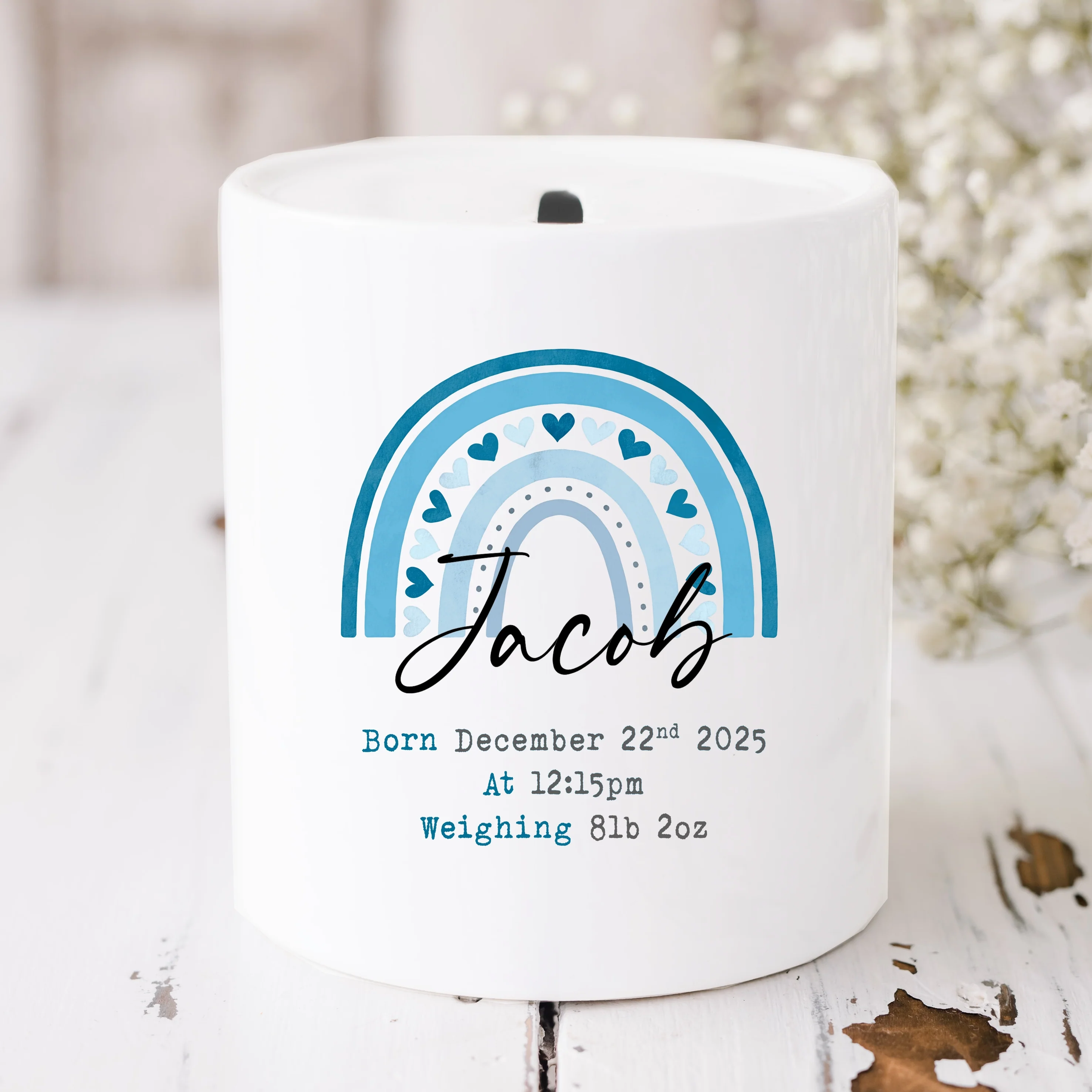 Personalised Blue Rainbow Ceramic Money Box - Image 2
