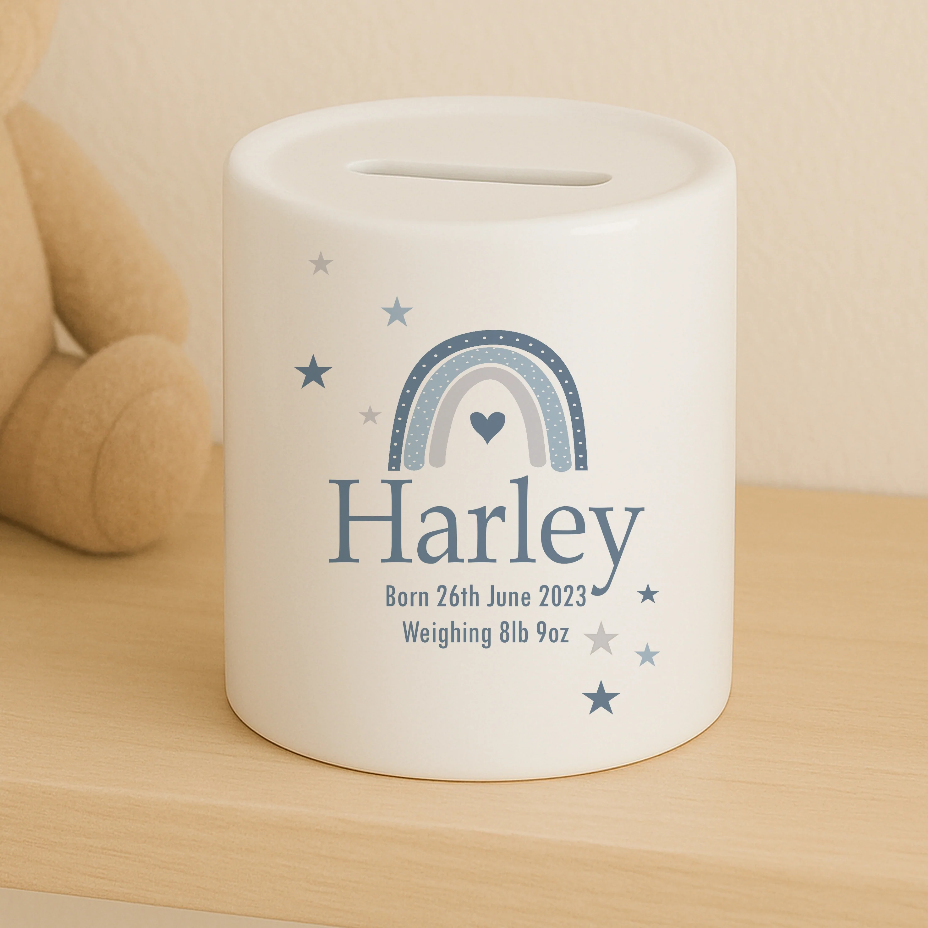 Personalised Blue Rainbow Ceramic Money Box