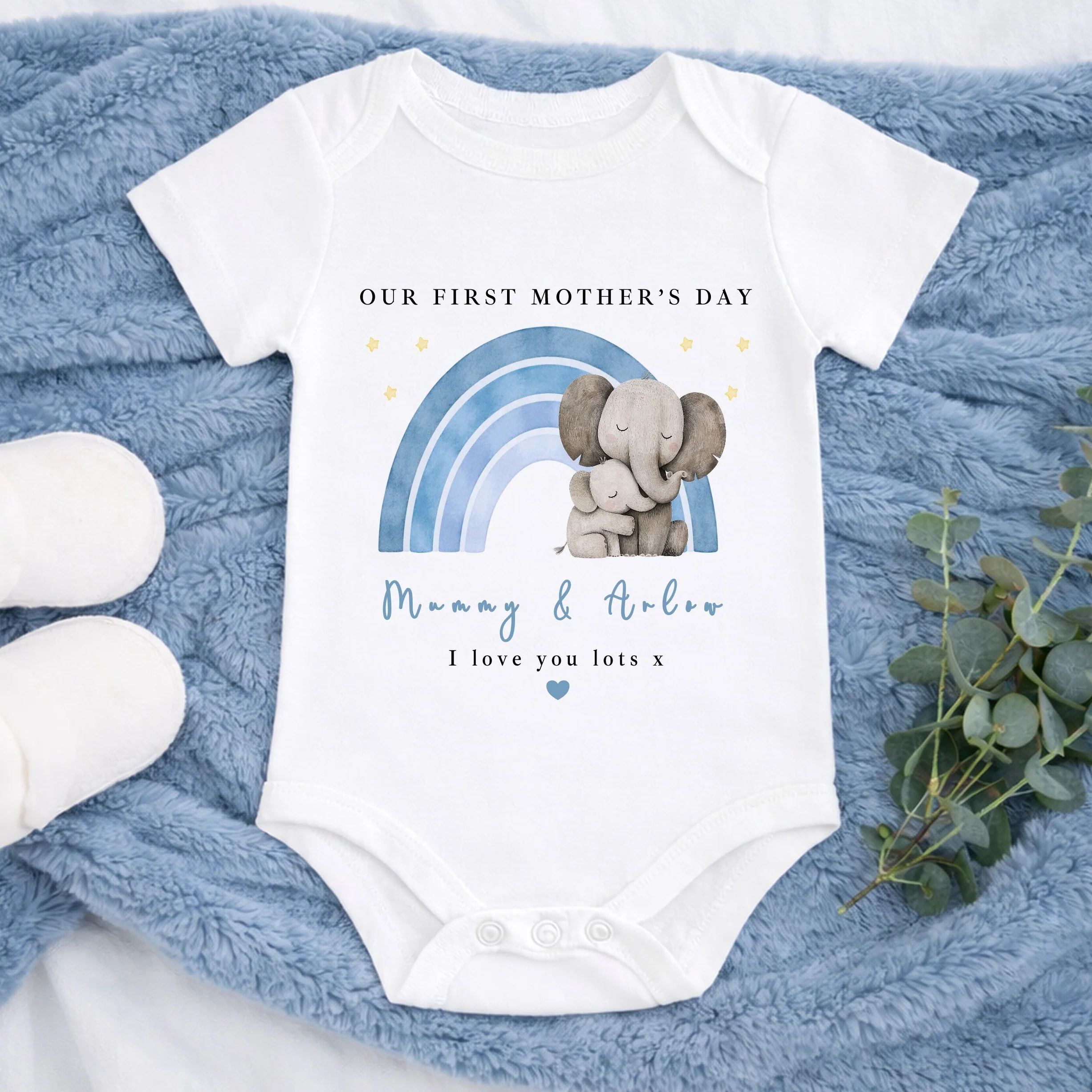 Personalised Blue Rainbow Elephant Our First Mother's Day Baby Grow, Vest or Bib - Image 2