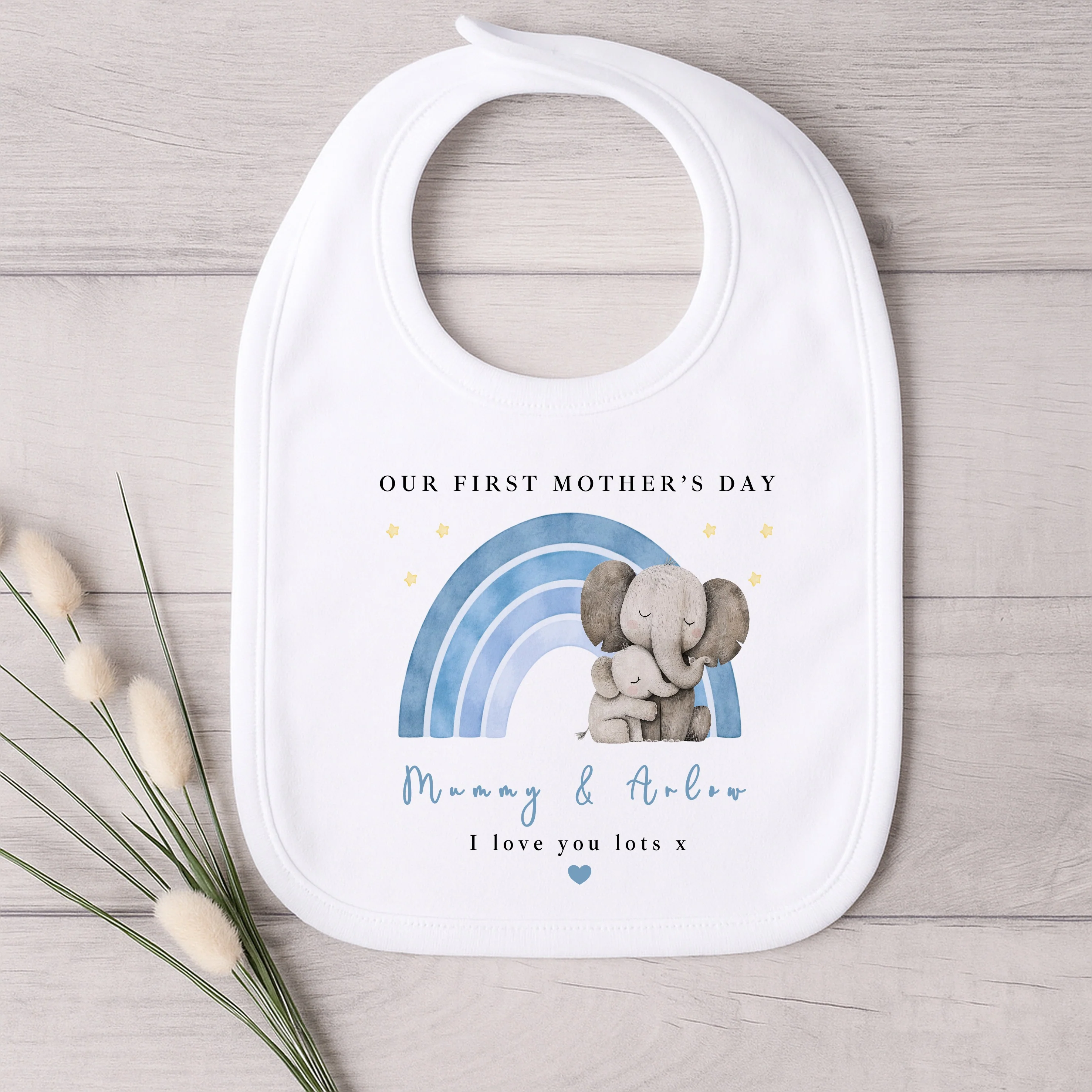 Personalised Blue Rainbow Elephant Our First Mother's Day Baby Grow, Vest or Bib - Image 4
