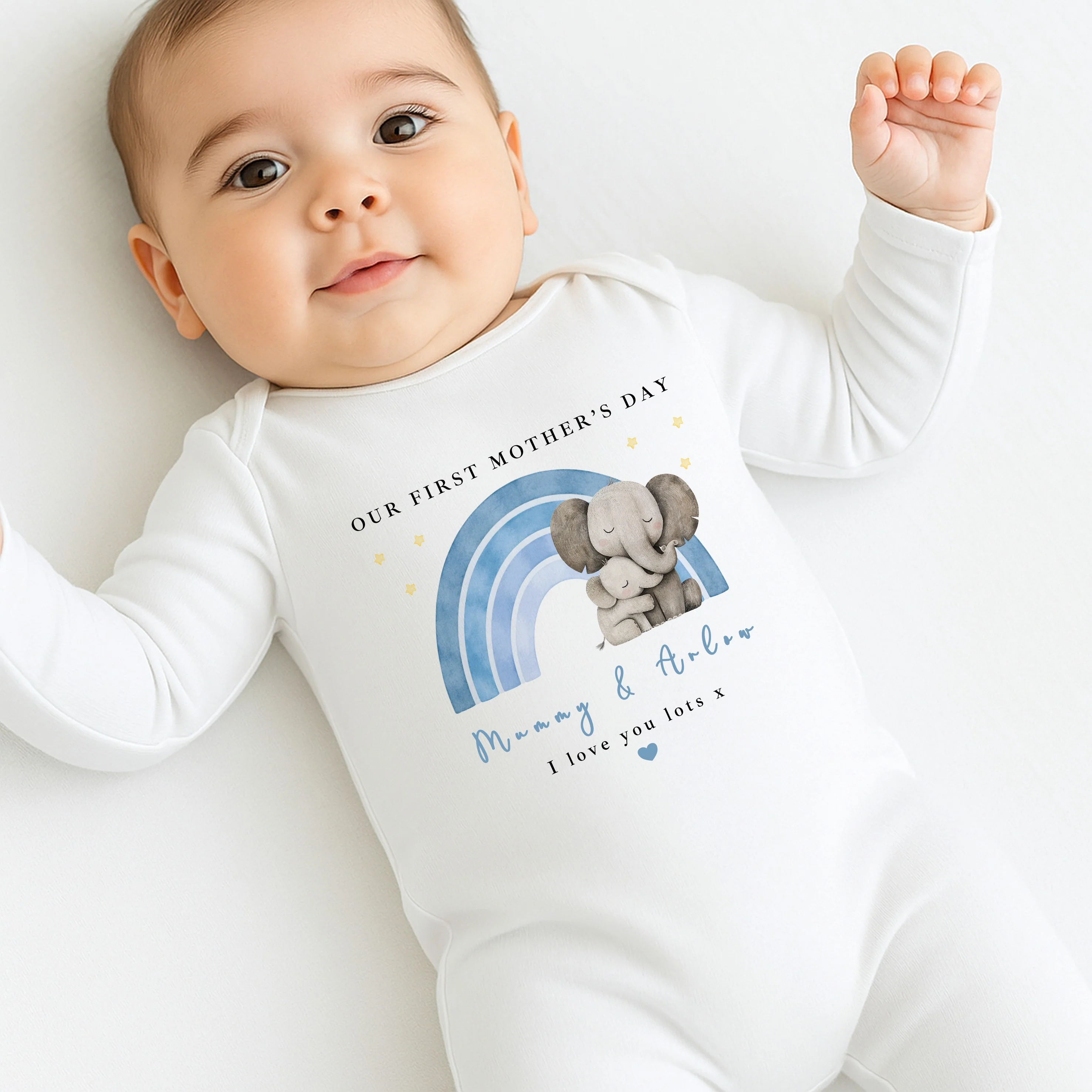 Personalised Blue Rainbow Elephant Our First Mother's Day Baby Grow, Vest or Bib - Image 5