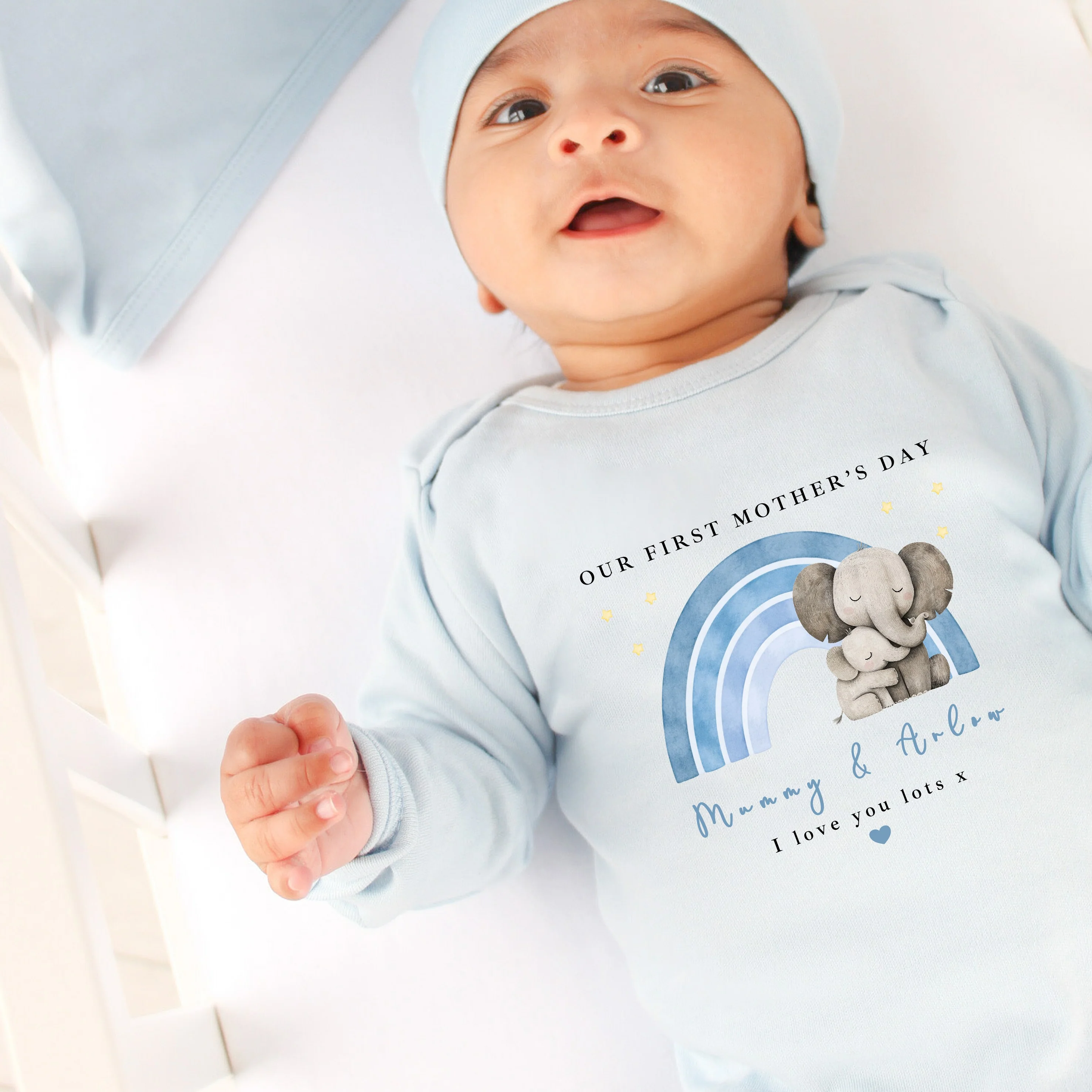 Personalised Blue Rainbow Elephant Our First Mother's Day Baby Grow, Vest or Bib - Image 6