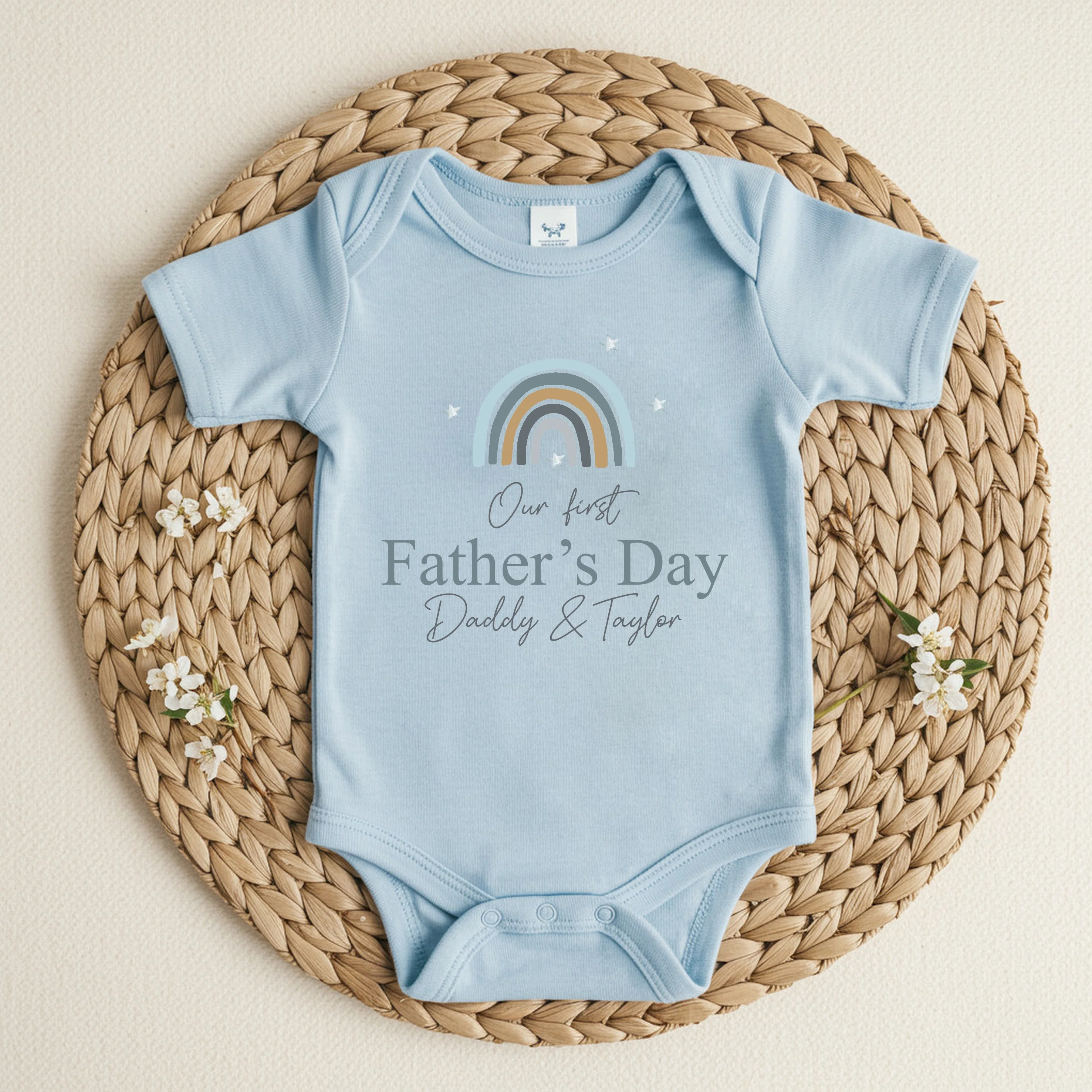 Personalised Blue Rainbow First Father's Day Romper or Baby Grow - Image 3