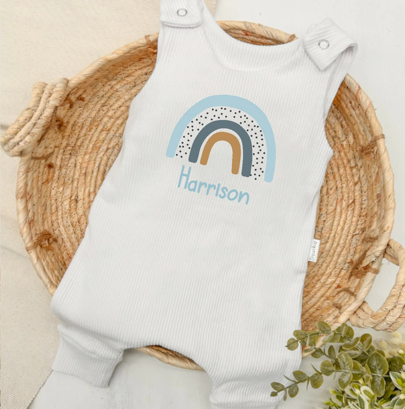 Personalised Blue Rainbow Ribbed Baby/Toddler Dungarees