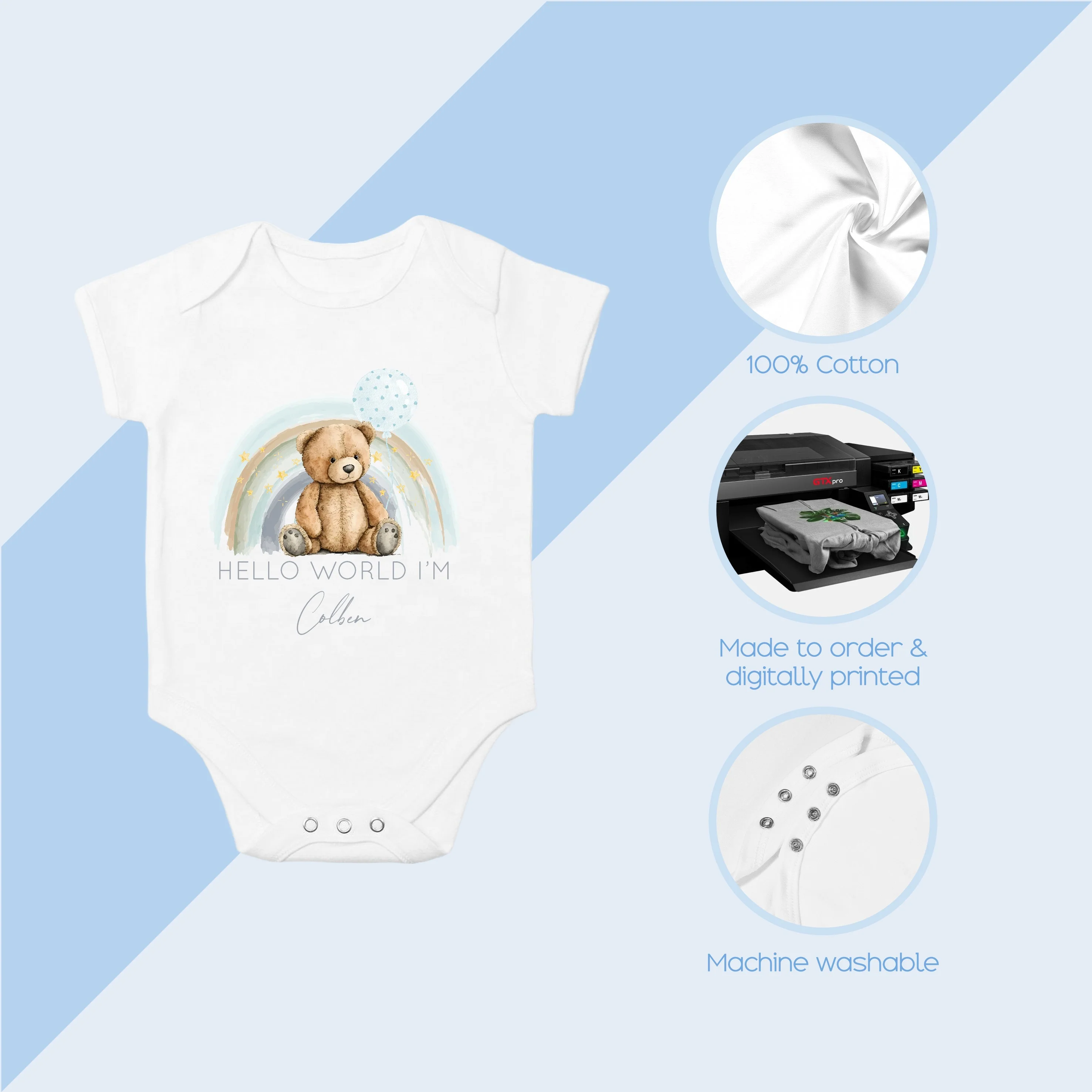 Personalised Blue Rainbow Teddy Hello World Babygrow/Vest - Image 3