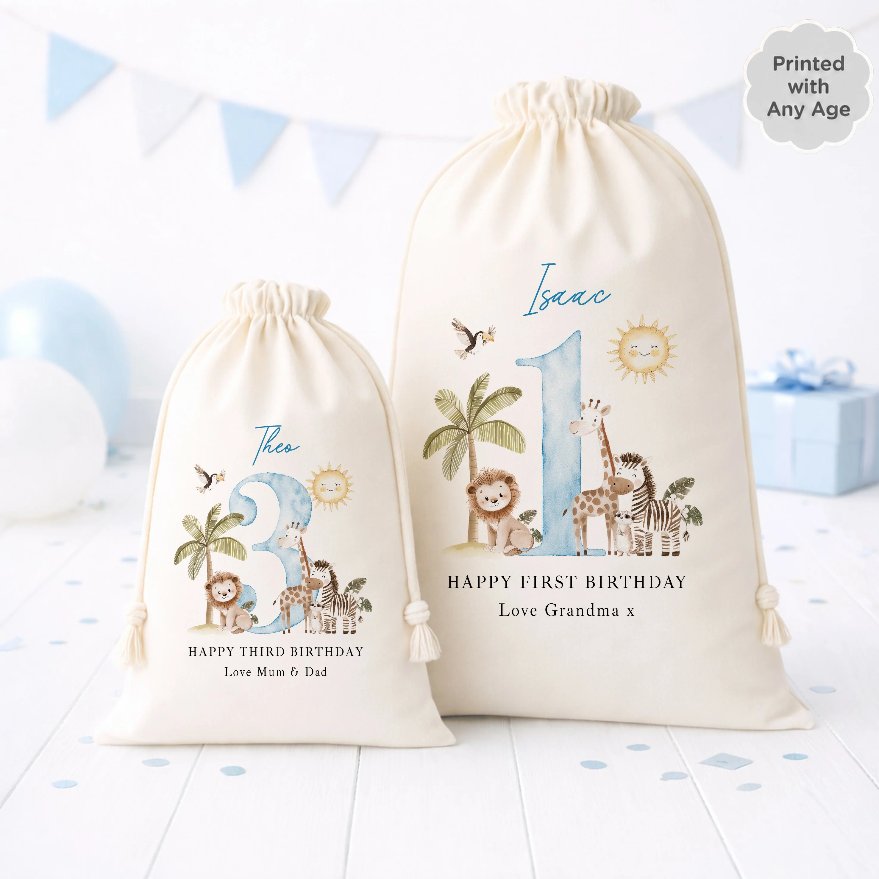 Personalised Blue Safari Birthday Gift Sack