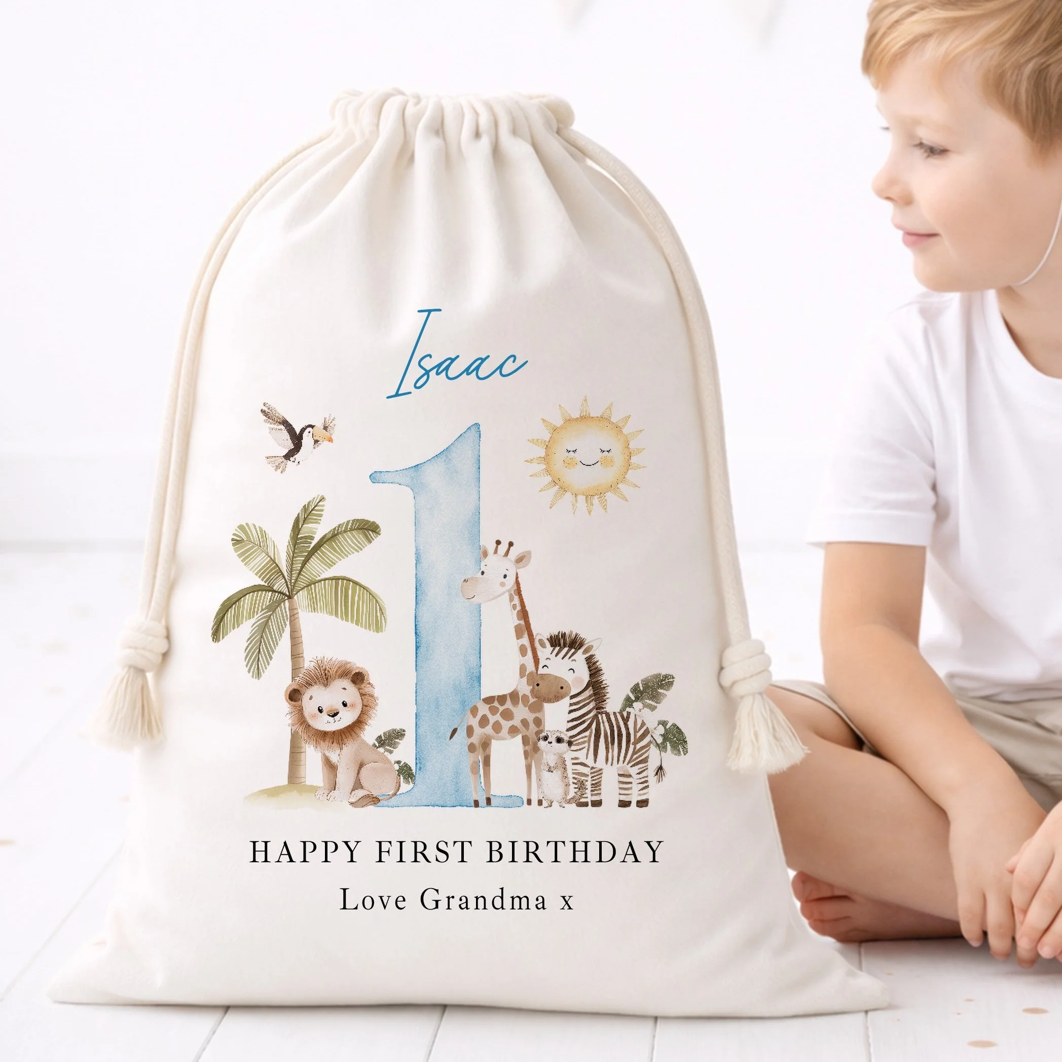 Personalised Blue Safari Birthday Gift Sack - Image 2